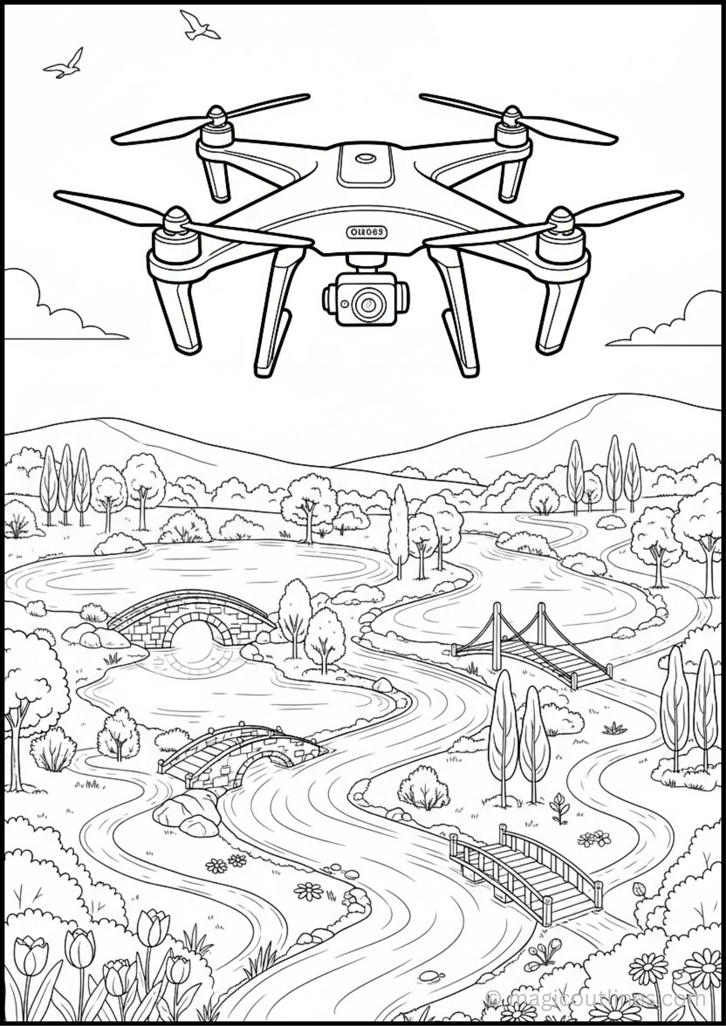 Drone Flying Over Nature Coloring Page with mountains, pine trees, a winding river, grassy hills, and clouds coloring page for kids.