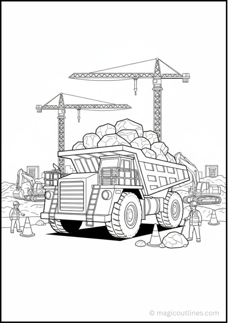 Dump truck carrying rocks at a busy construction site coloring page for kids.