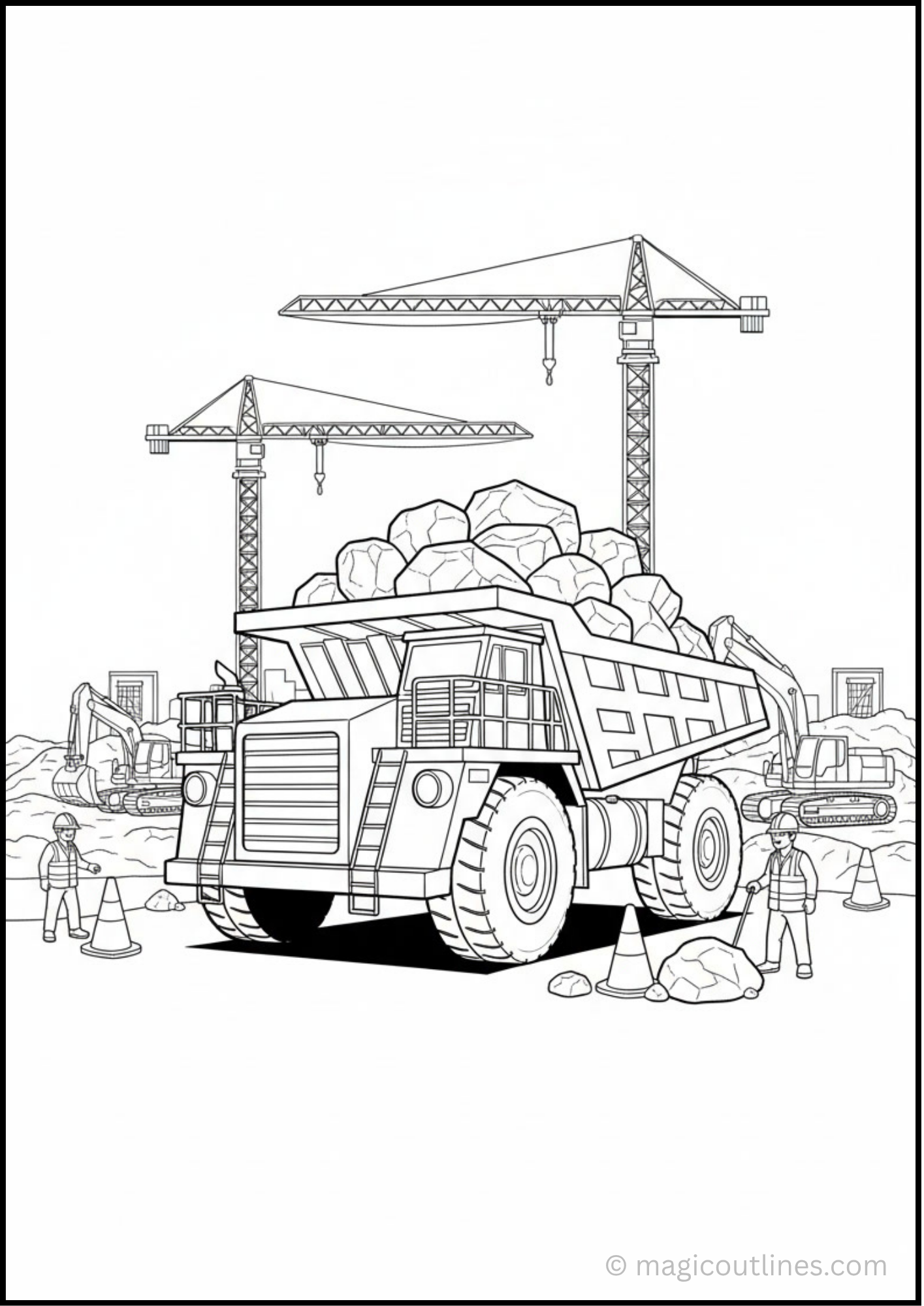 Dump truck carrying rocks at a busy construction site coloring page for kids.