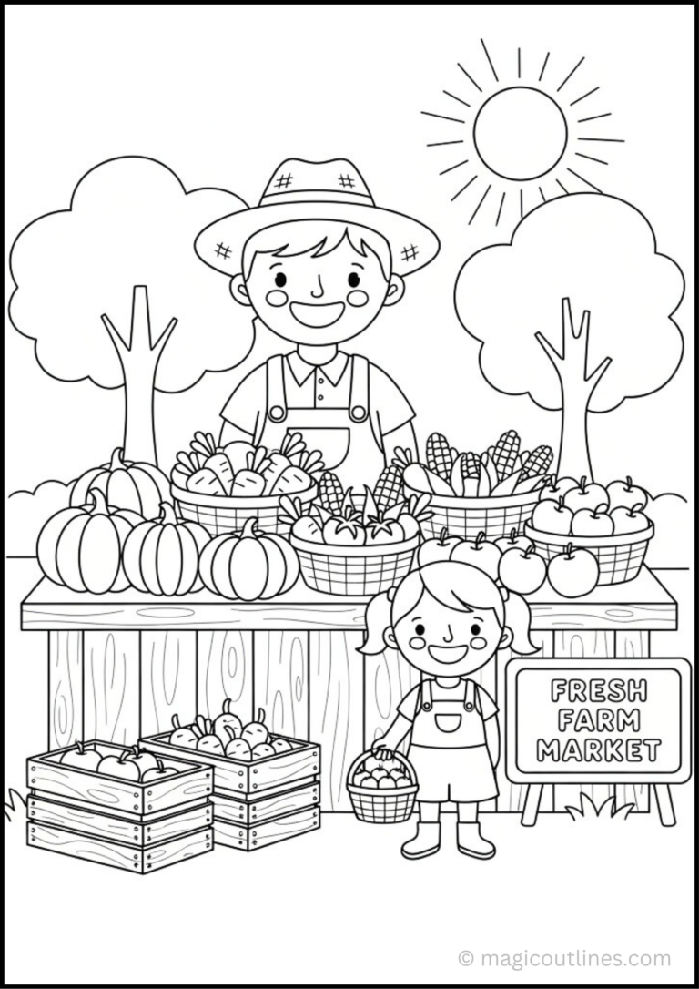 Free printable Farmer's Market Coloring Page featuring a cheerful farmer, fresh fruits, vegetables, flower baskets, and a market stand.