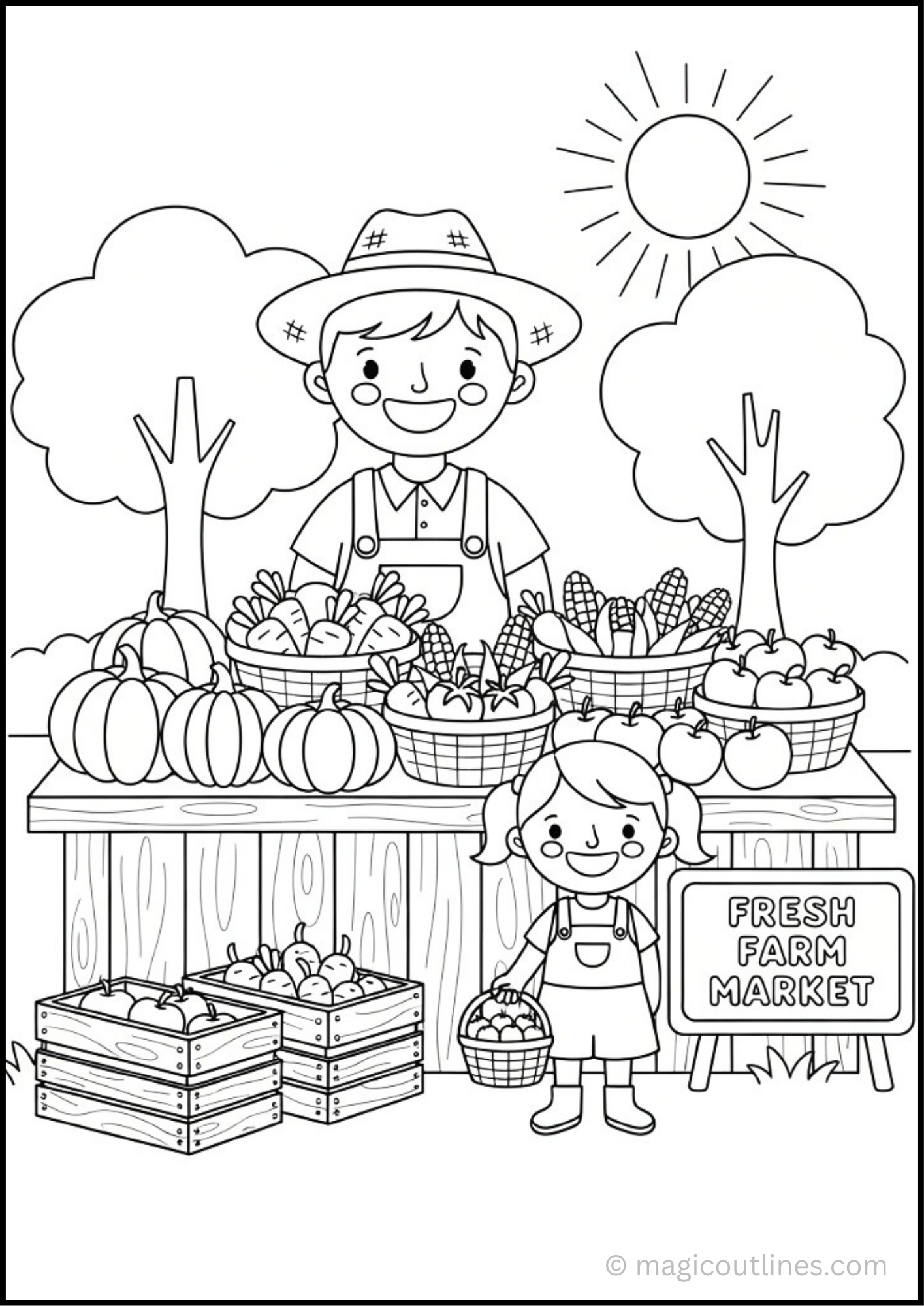 Free printable Farmer's Market Coloring Page featuring a cheerful farmer, fresh fruits, vegetables, flower baskets, and a market stand.