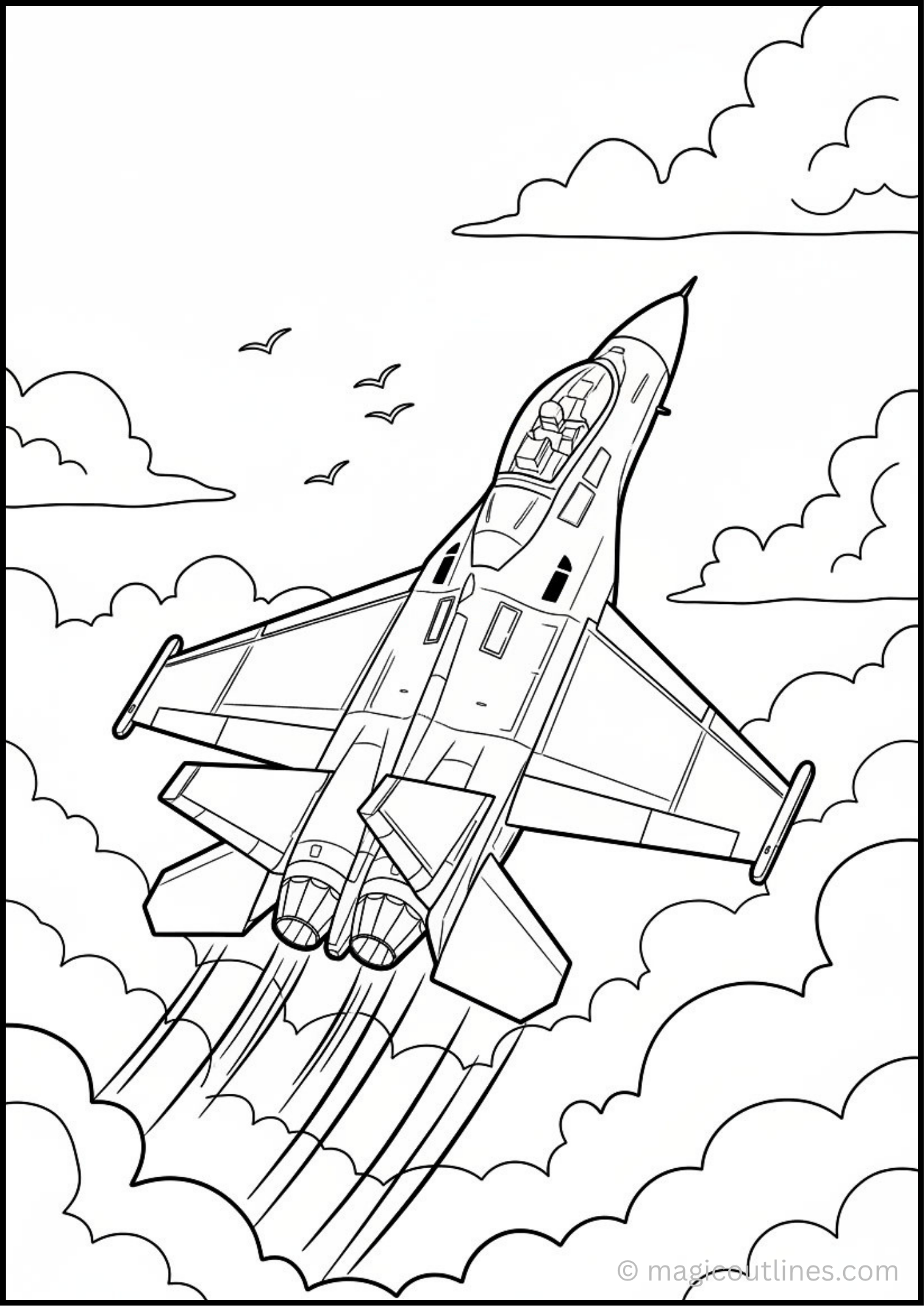 Fighter jet coloring page featuring a modern military aircraft flying through clouds.