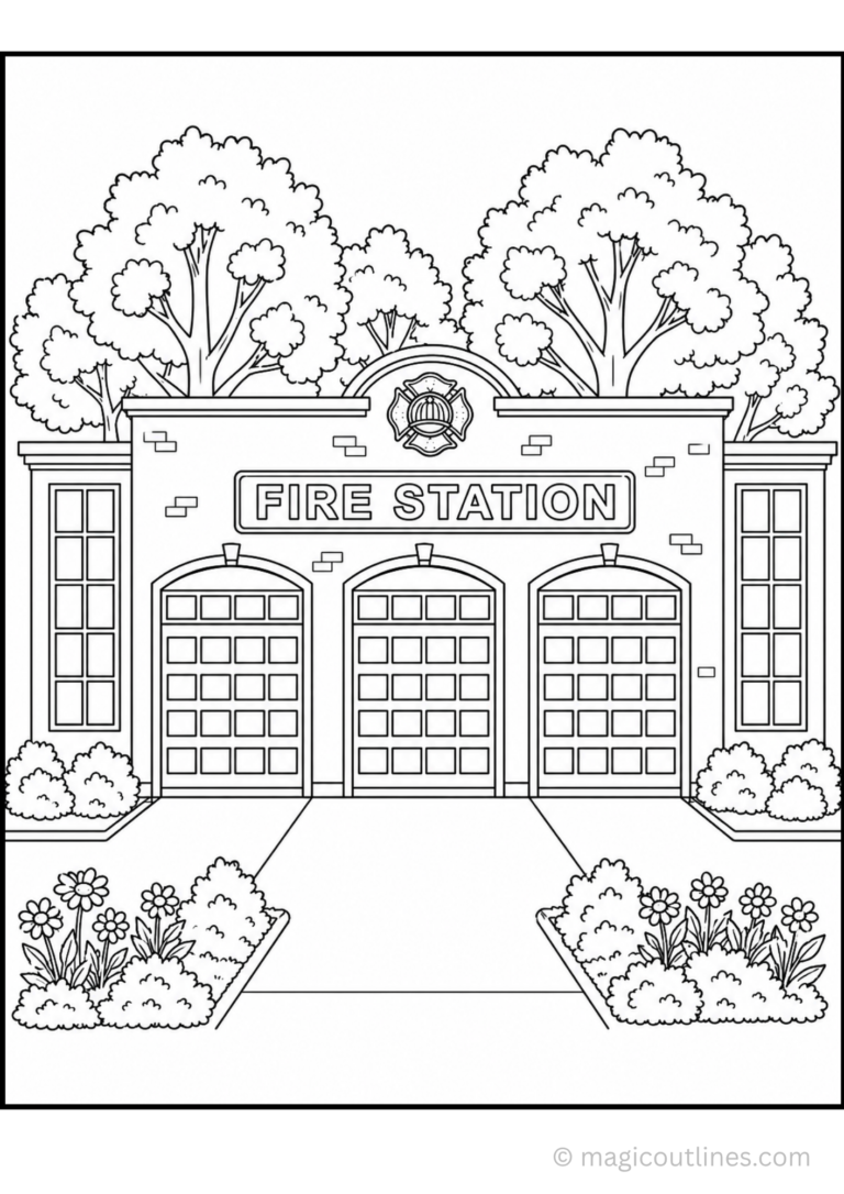 Fire station building coloring page featuring a modern fire station with three garage doors, landscaped gardens, trees, and a printable exterior view for kids.