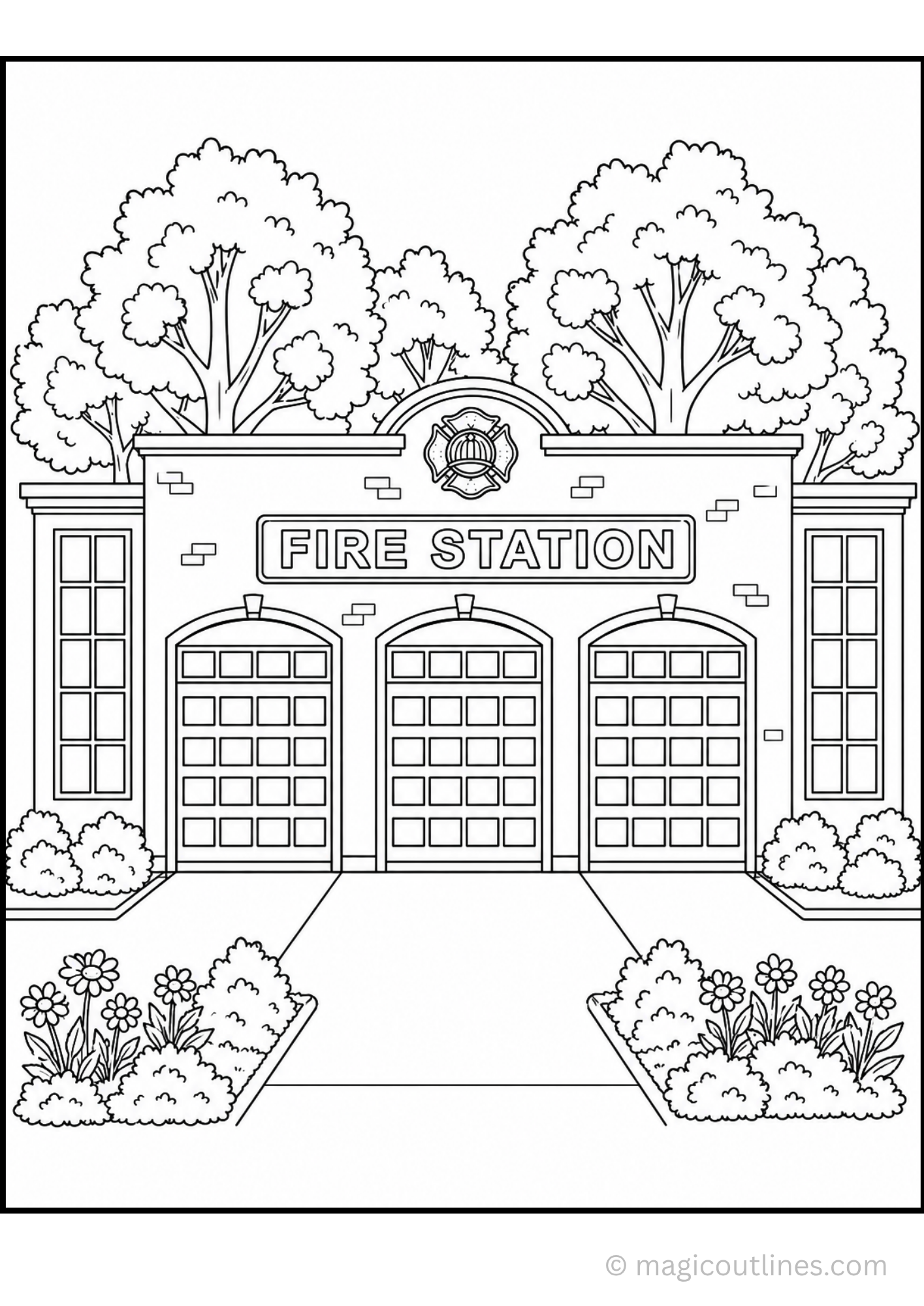 Fire station building coloring page featuring a modern fire station with three garage doors, landscaped gardens, trees, and a printable exterior view for kids.