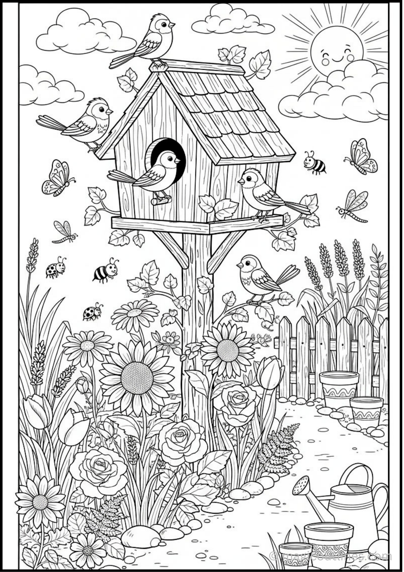 Floral Birdhouse Garden Coloring Page (Free Printable PDF)