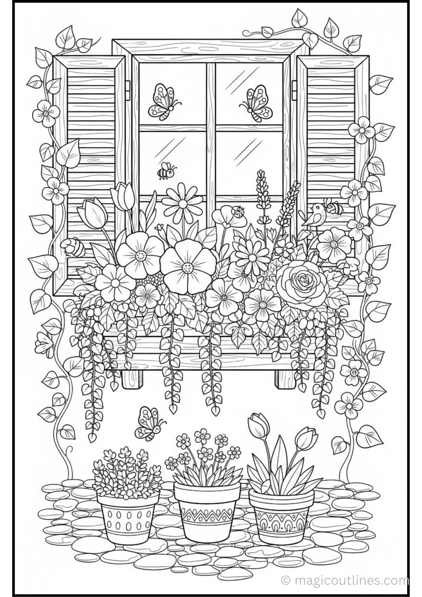 Floral Window Box Coloring Page with blooming flowers in a charming window planter.