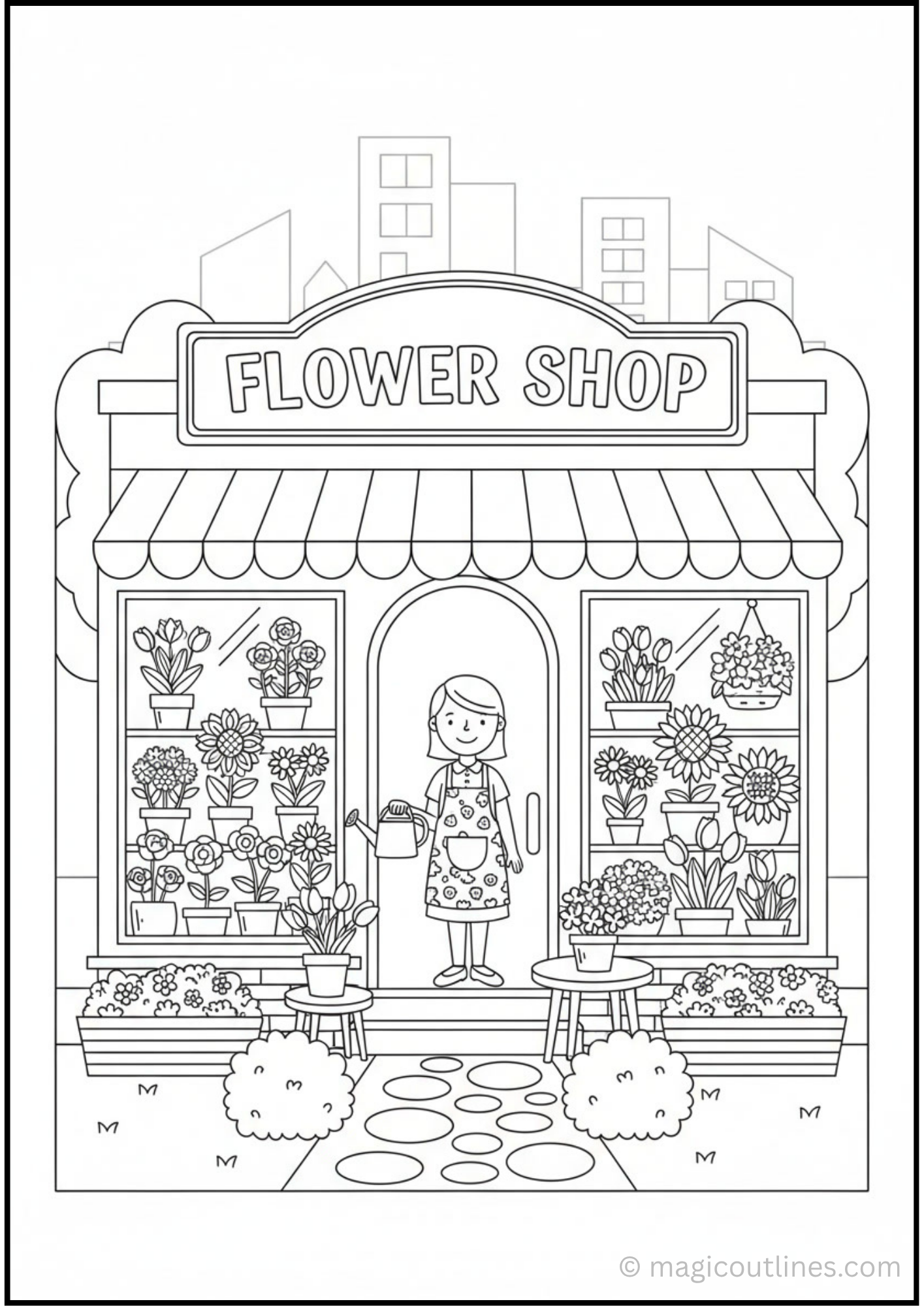 Flower Shop Coloring Page featuring a charming florist shop with flower pots, blooming flowers, hanging baskets, and a smiling florist. Free printable PDF for kids.