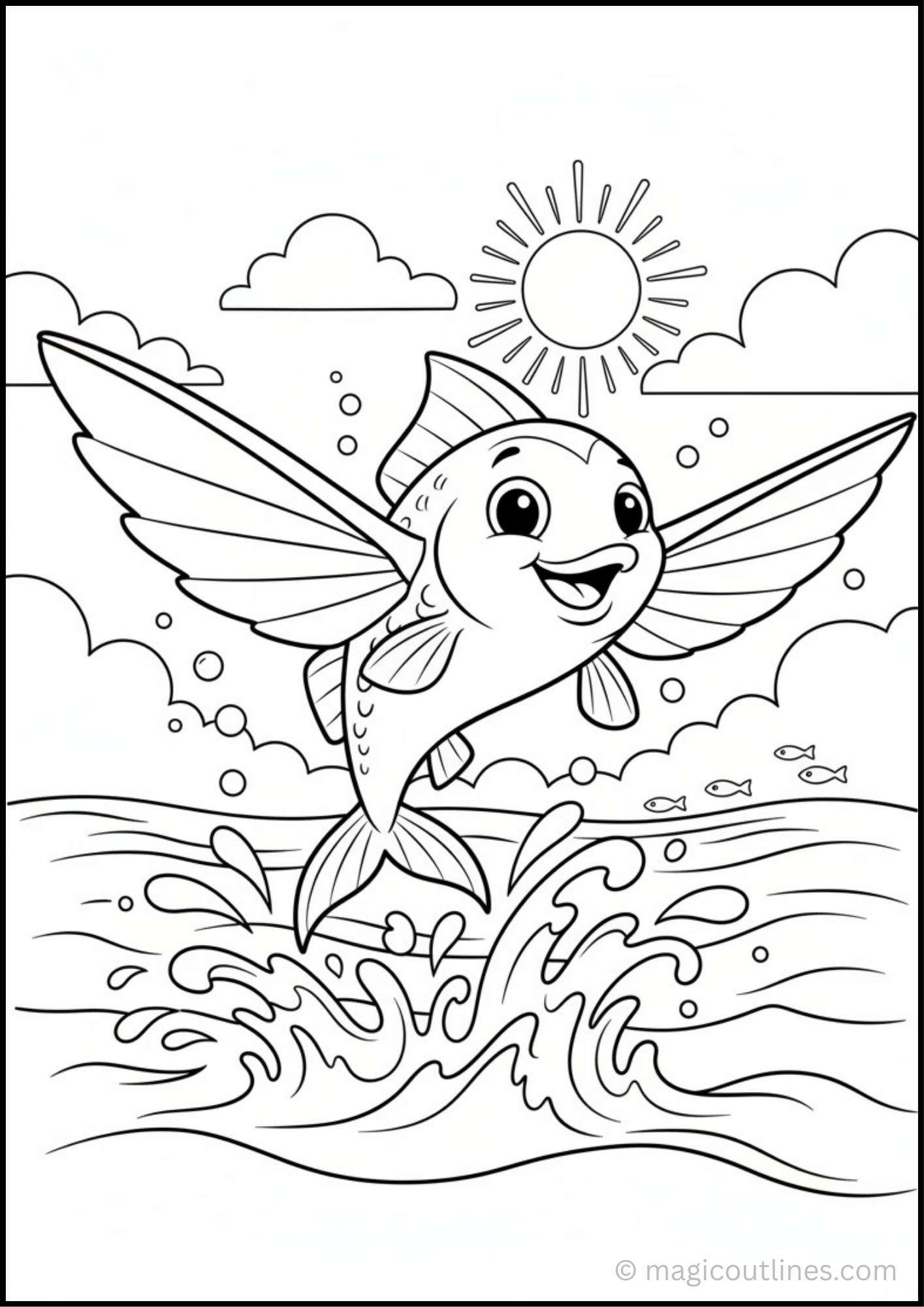 Flying Fish Jumping Coloring Page with ocean waves for kids