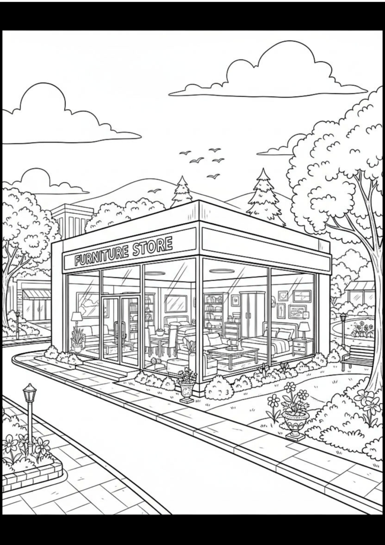 Furniture Store Coloring Page filled with cozy home furnishings, beautiful gardens, and a peaceful neighborhood. This free printable PDF offers a fun and creative coloring activity for children.