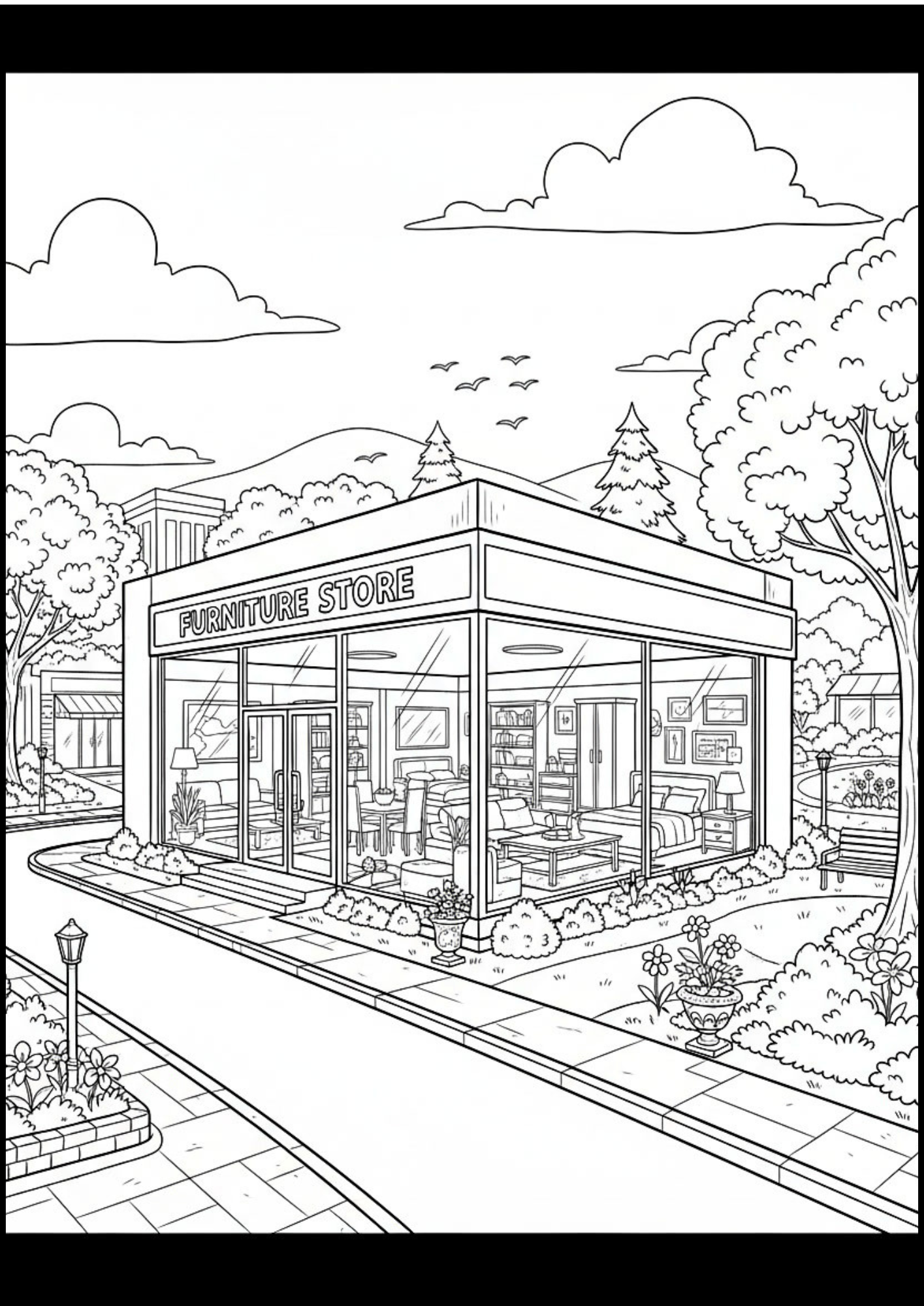 Furniture Store Coloring Page filled with cozy home furnishings, beautiful gardens, and a peaceful neighborhood. This free printable PDF offers a fun and creative coloring activity for children.
