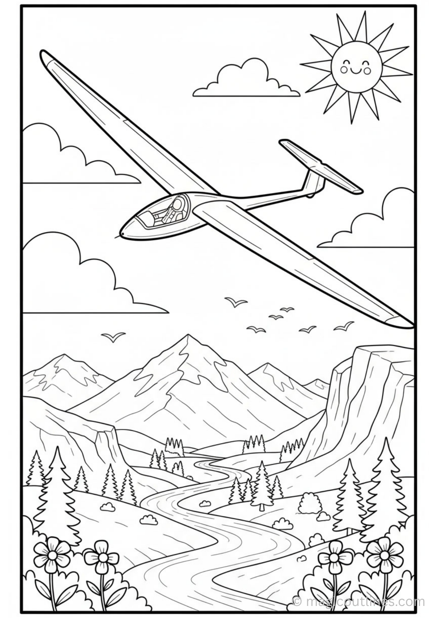 Let your imagination take flight with this Glider Over Mountains Coloring Page. Kids can enjoy coloring a peaceful aircraft soaring above beautiful mountain scenery while practicing creativity and fine motor skills.