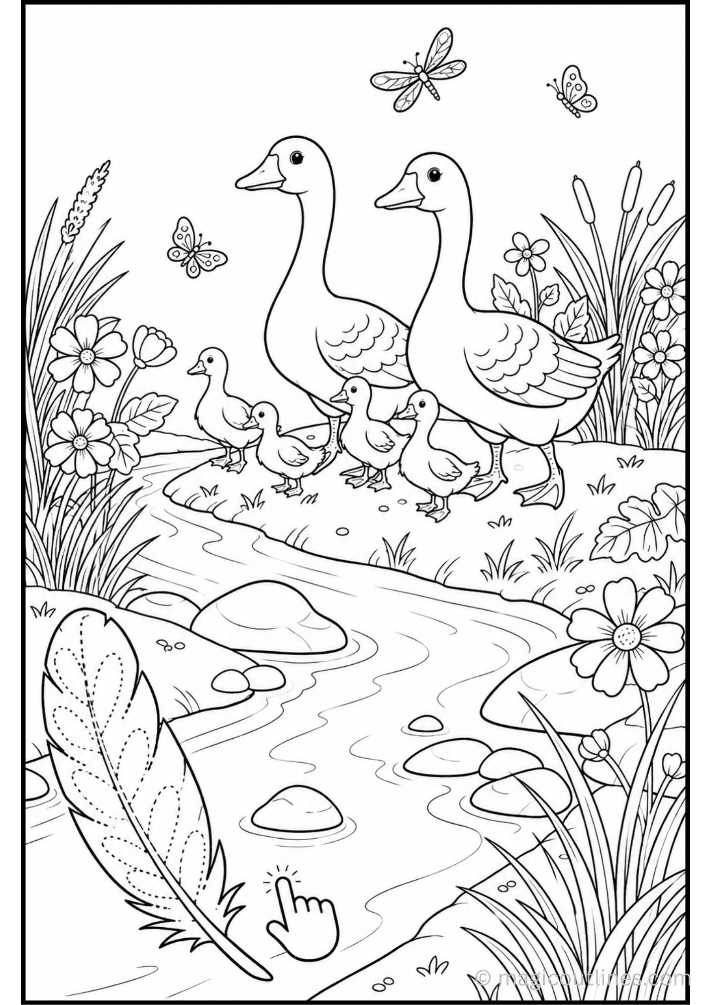 Download this Goose Family Riverside Coloring Page free printable PDF featuring a peaceful goose family by a flowing stream with flowers and butterflies. Perfect for kids, classrooms, and homeschool fun.