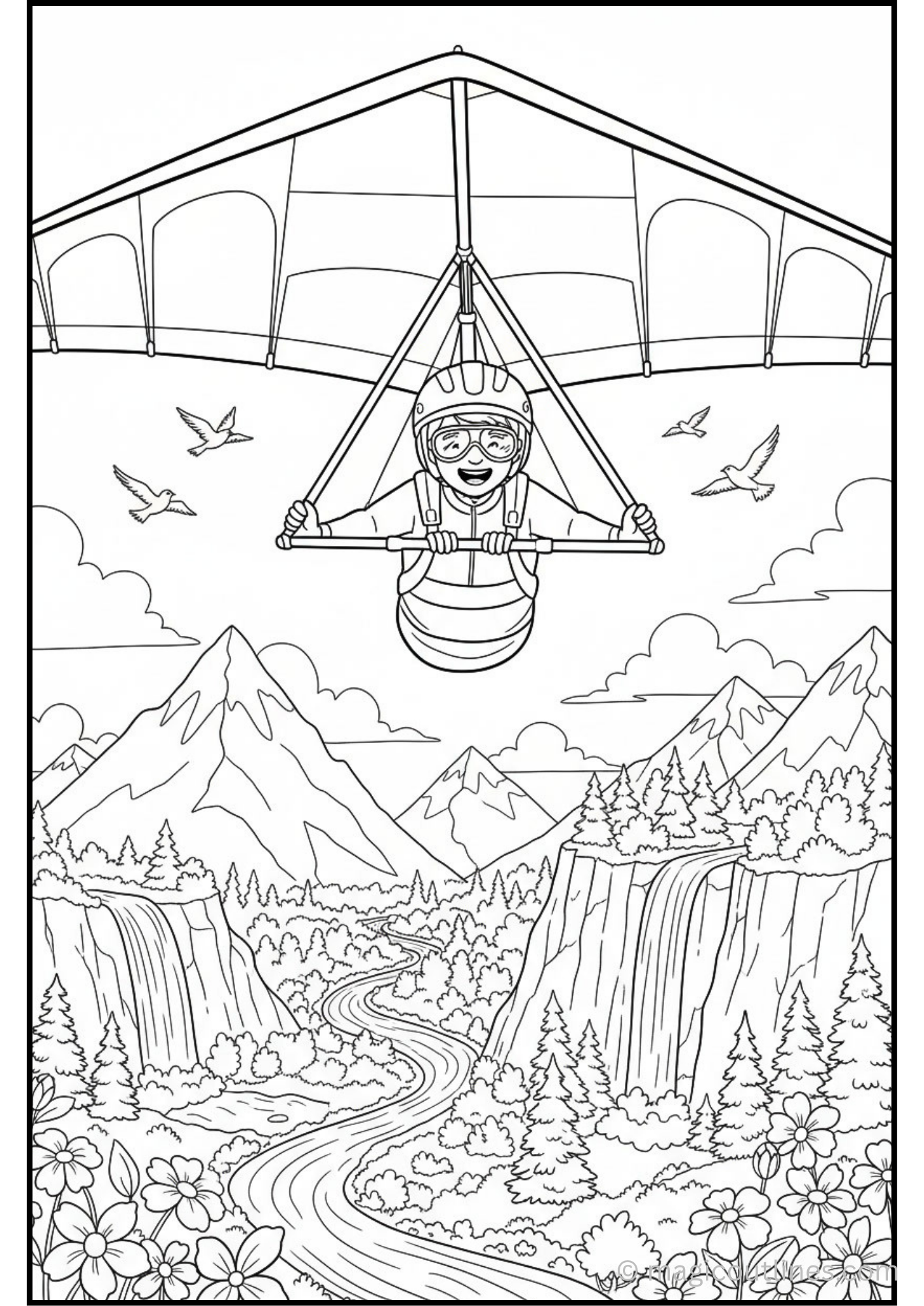 Hang glider coloring page featuring a pilot flying above mountains, waterfalls, forests, rivers, and beautiful nature.