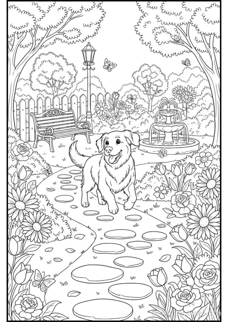 Download this Happy Dog in Flower Garden Coloring Page free printable PDF. Kids can enjoy coloring a cheerful dog surrounded by beautiful flowers, a garden path, butterflies, and a peaceful fountain. Perfect for home, classrooms, and spring-themed activities.