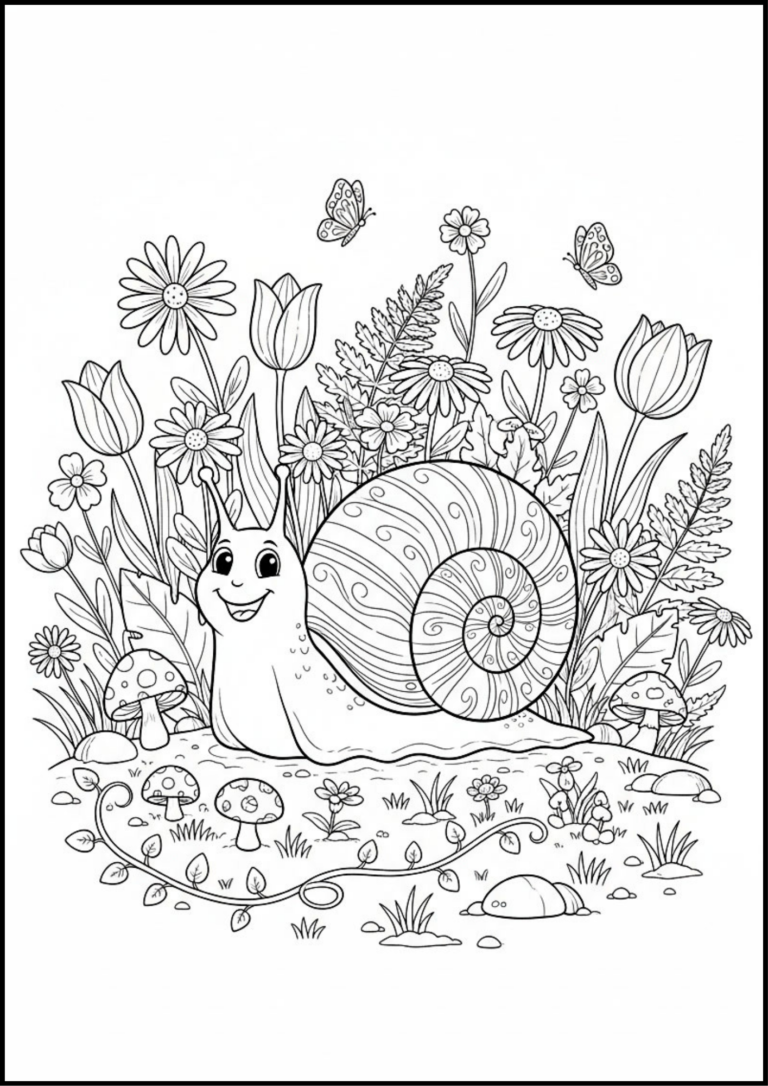 Happy Garden Snail Coloring Page – Free Printable PDF for Kids