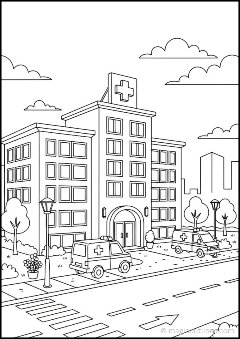 Help children discover the importance of hospitals with this Hospital Building Coloring Page. Featuring a welcoming hospital, ambulance, trees, flowers, and landscaping, this free printable PDF makes learning about healthcare both fun and creative.