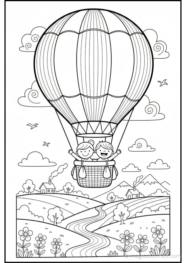 Take your creativity to new heights with this Hot Air Balloon Adventure Coloring Page. Featuring smiling children floating above beautiful countryside scenery, this free printable PDF is perfect for kids who love flying adventures and nature.