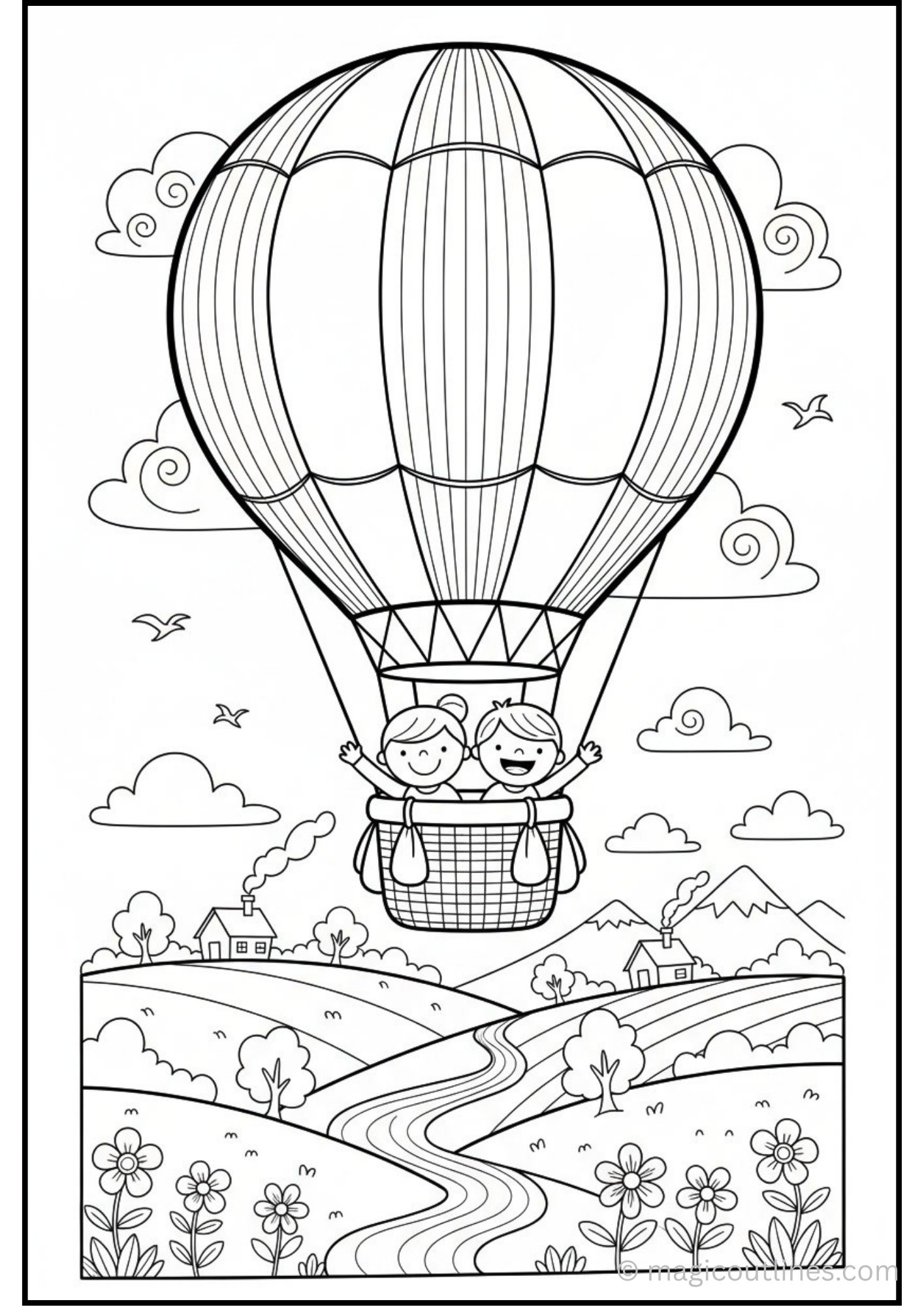 Take your creativity to new heights with this Hot Air Balloon Adventure Coloring Page. Featuring smiling children floating above beautiful countryside scenery, this free printable PDF is perfect for kids who love flying adventures and nature.
