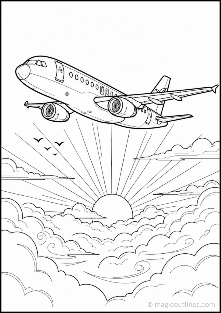 Free printable Jet in Sunset Sky Coloring Page featuring a passenger airplane flying above the clouds during a beautiful sunset.