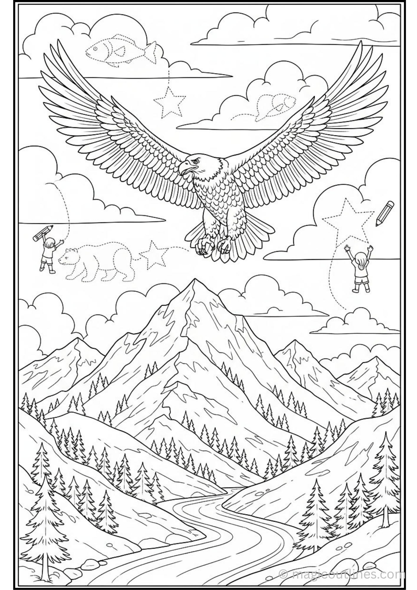 Free printable Majestic Eagle Coloring Page featuring a soaring eagle above beautiful mountain scenery.