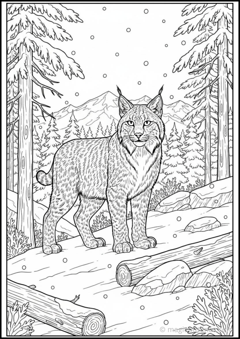 Download this Majestic Lynx Winter Coloring Page free printable PDF featuring a beautiful lynx in a snowy forest with mountains. Perfect for kids, homeschool, classrooms, and wildlife lovers.