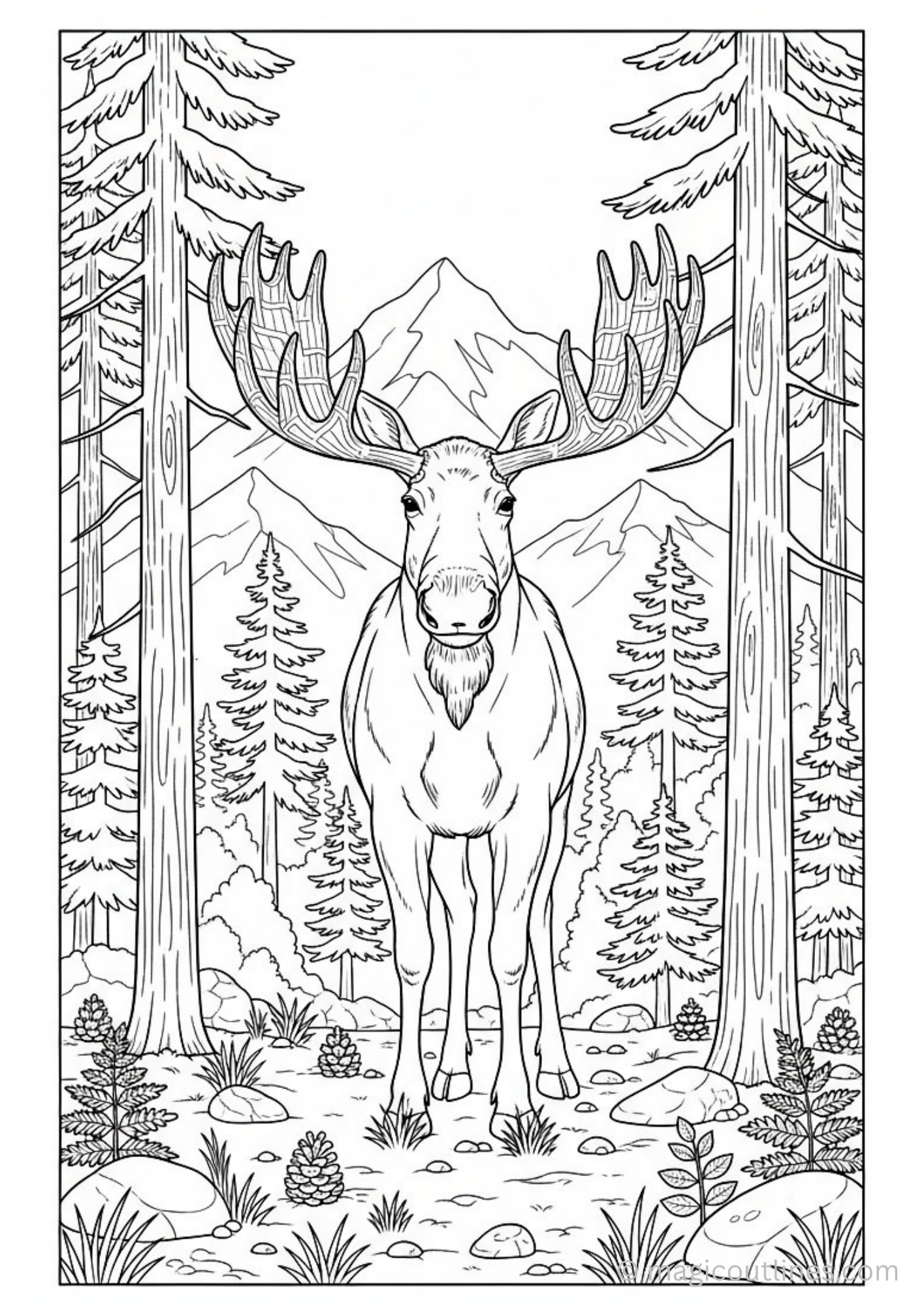 Download this free Majestic Moose Forest Coloring Page featuring a majestic moose standing among tall pine trees with mountains, rocks, pinecones, and forest plants. This printable PDF is perfect for kids, parents, teachers, homeschool activities, and wildlife lovers.