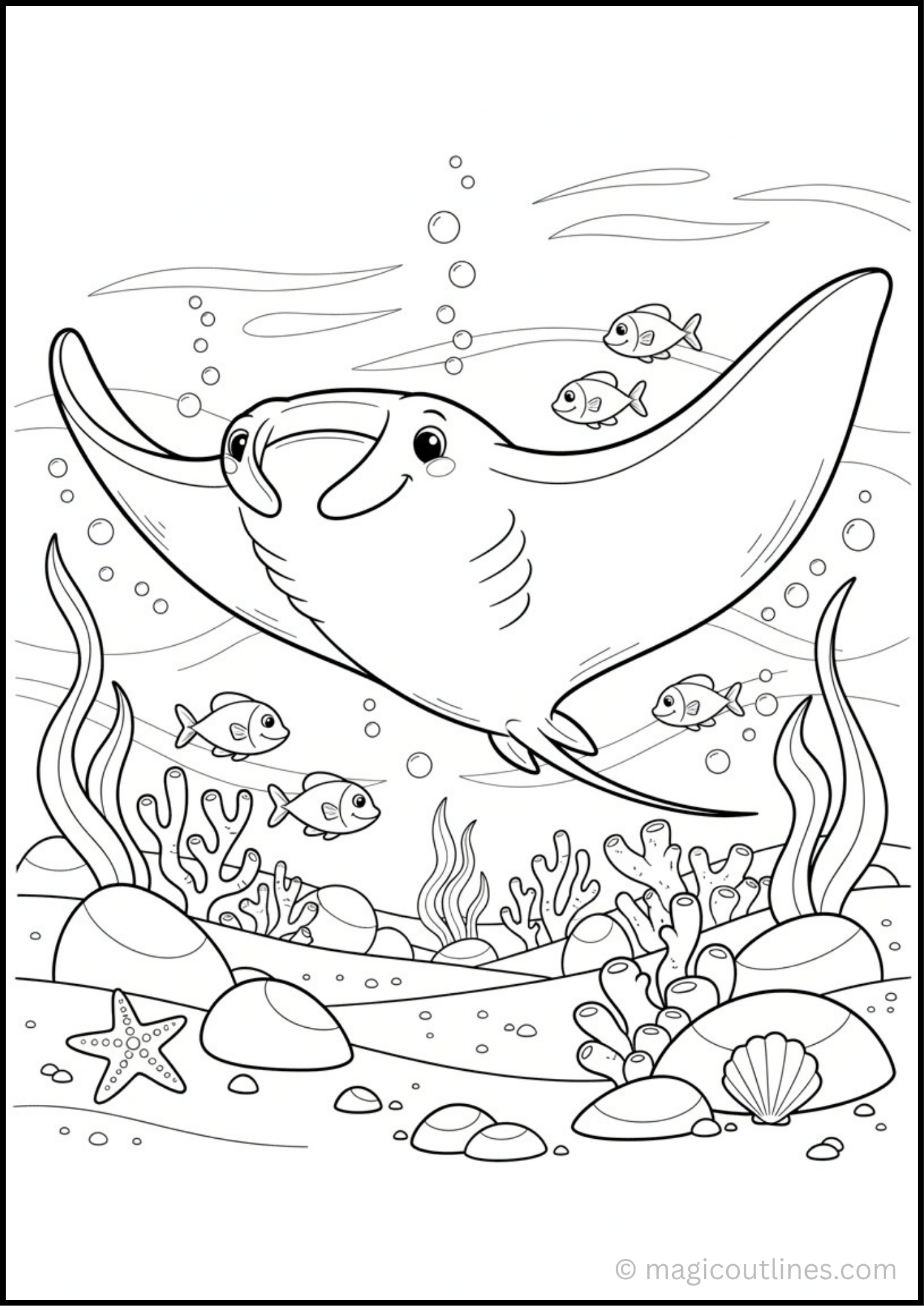 Manta Ray Coloring Page free printable PDF featuring a graceful manta ray swimming underwater with coral, sea plants, bubbles, and tropical fish.