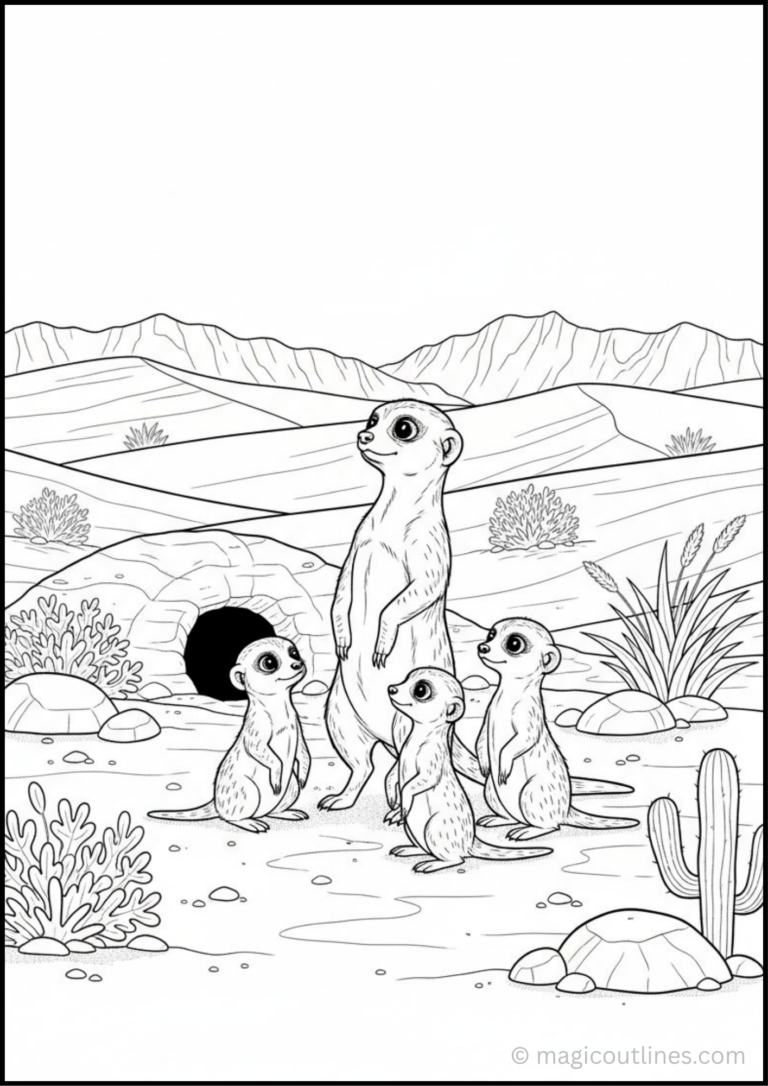 Download a free Meerkat Desert Family Coloring Page printable PDF featuring a watchful meerkat family, burrow, desert plants, rocks, and rolling sand dunes. Perfect for kids, parents, teachers, and animal lovers.