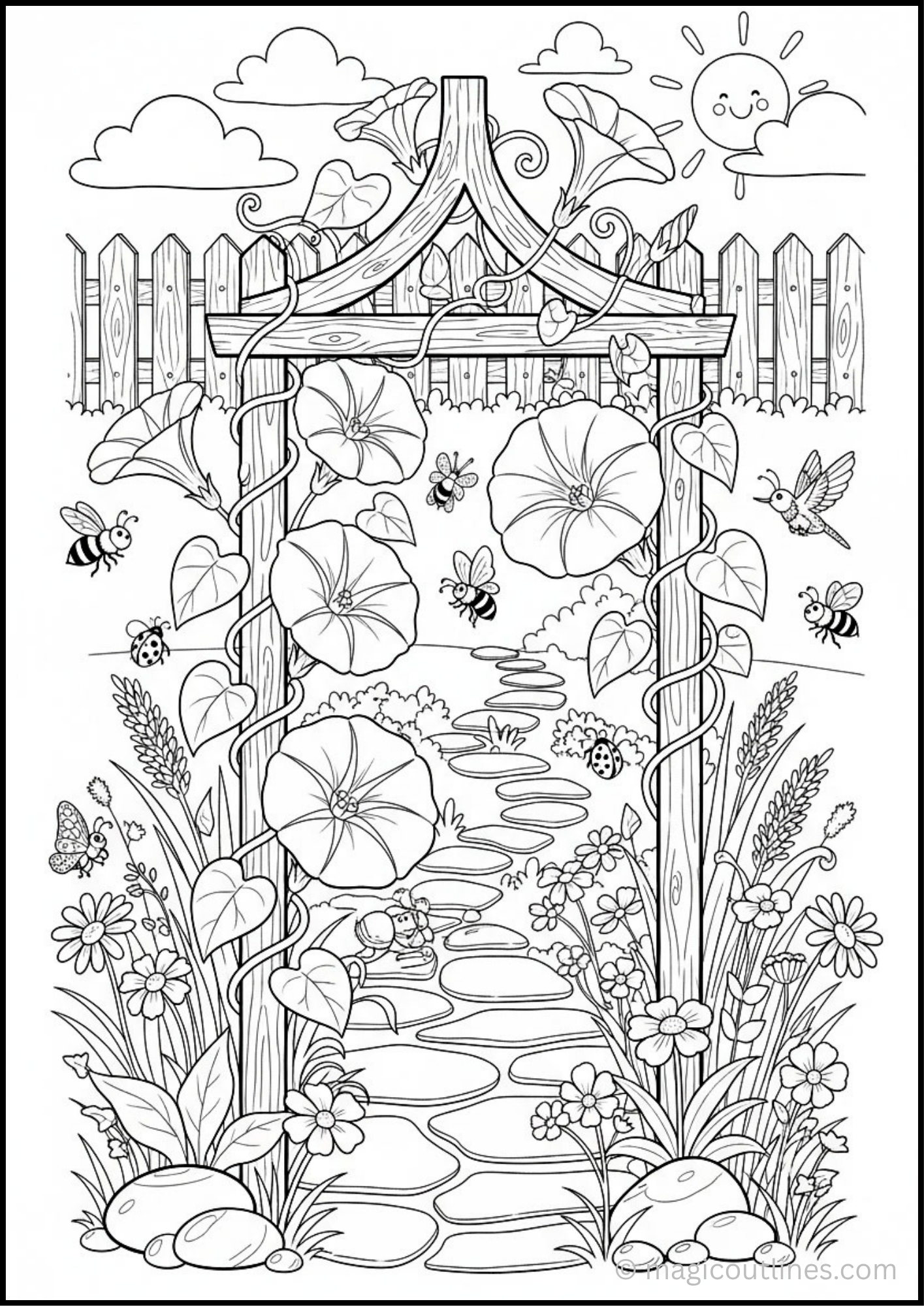 Free printable Morning Glory Vine Coloring Page featuring blooming morning glory flowers climbing a wooden garden arbor with bees, butterflies, hummingbird, and a stone pathway.