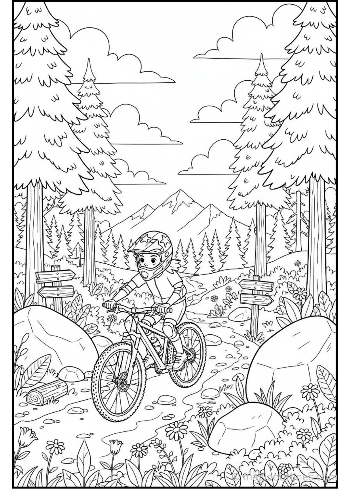 This free printable Mountain Bike Forest Trail Coloring Page shows a young cyclist riding along a winding forest trail surrounded by tall pine trees, blooming flowers, rocks, wooden signposts, and distant mountains. It is designed with bold outlines and plenty of open coloring spaces, making it perfect for children, parents, teachers, and classroom activities.