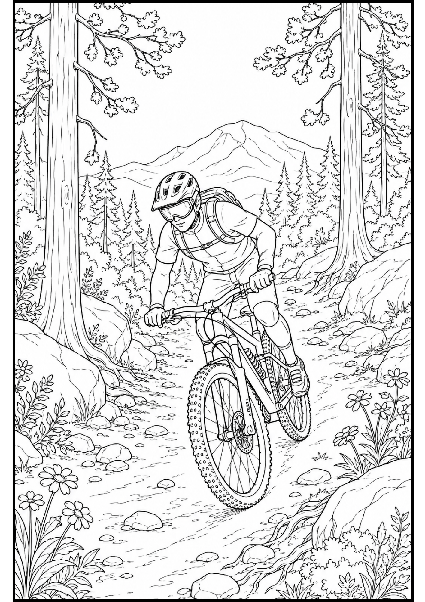 Download this Mountain Bike Trail Coloring Page featuring a mountain biker riding through a scenic forest trail surrounded by rocky paths, tall pine trees, wildflowers, and beautiful mountains. This free printable PDF is perfect for kids who love outdoor adventures, cycling, and nature-themed coloring pages.