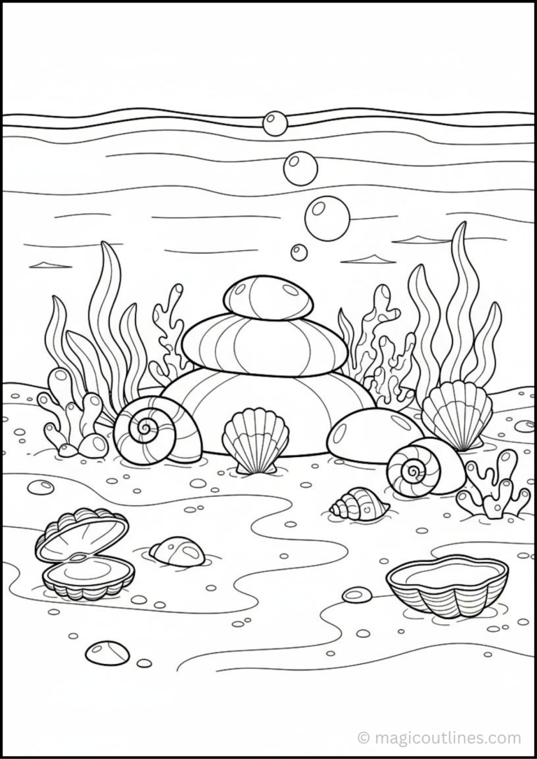 Ocean Rocks and Shells Coloring Page free printable PDF featuring seashells, smooth rocks, coral, seaweed, bubbles, and an underwater ocean floor.