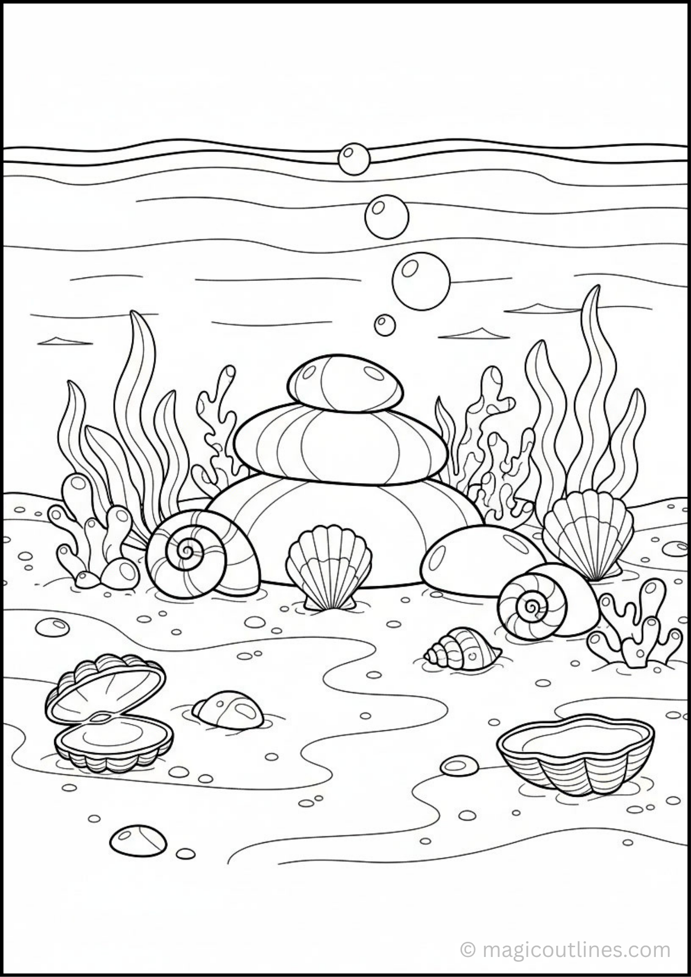 Ocean Rocks and Shells Coloring Page free printable PDF featuring seashells, smooth rocks, coral, seaweed, bubbles, and an underwater ocean floor.