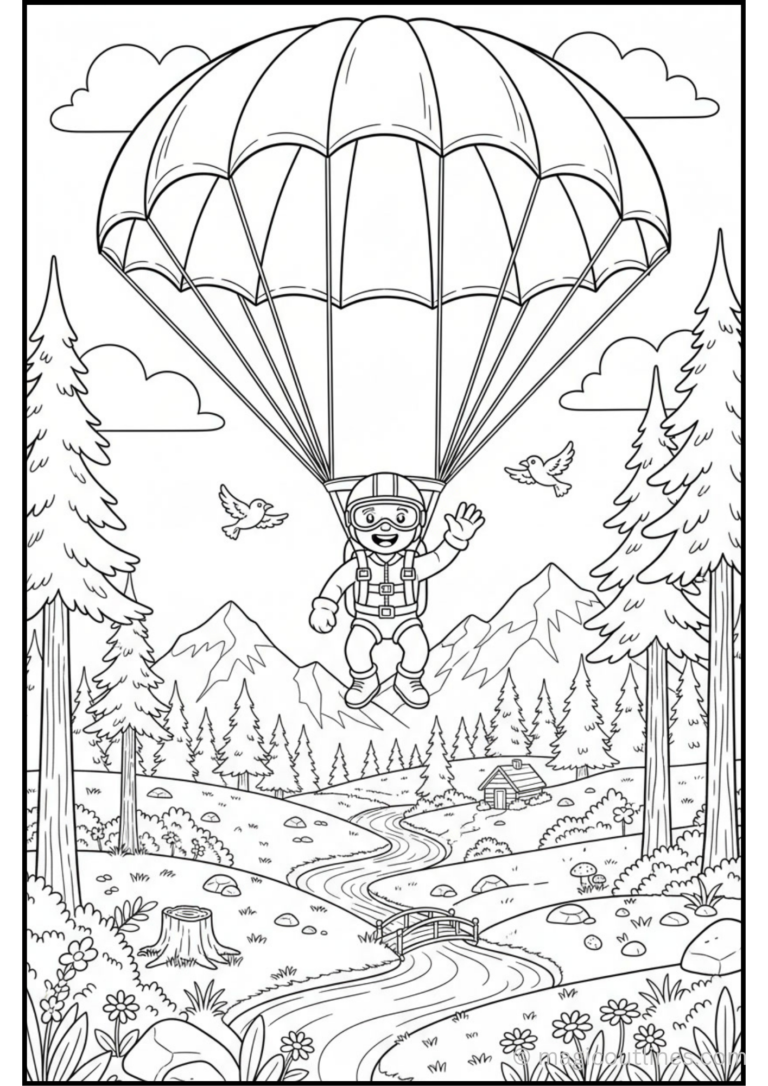 Happy skydiver with a parachute floating over mountains, forest, birds, and a winding river printable coloring page.