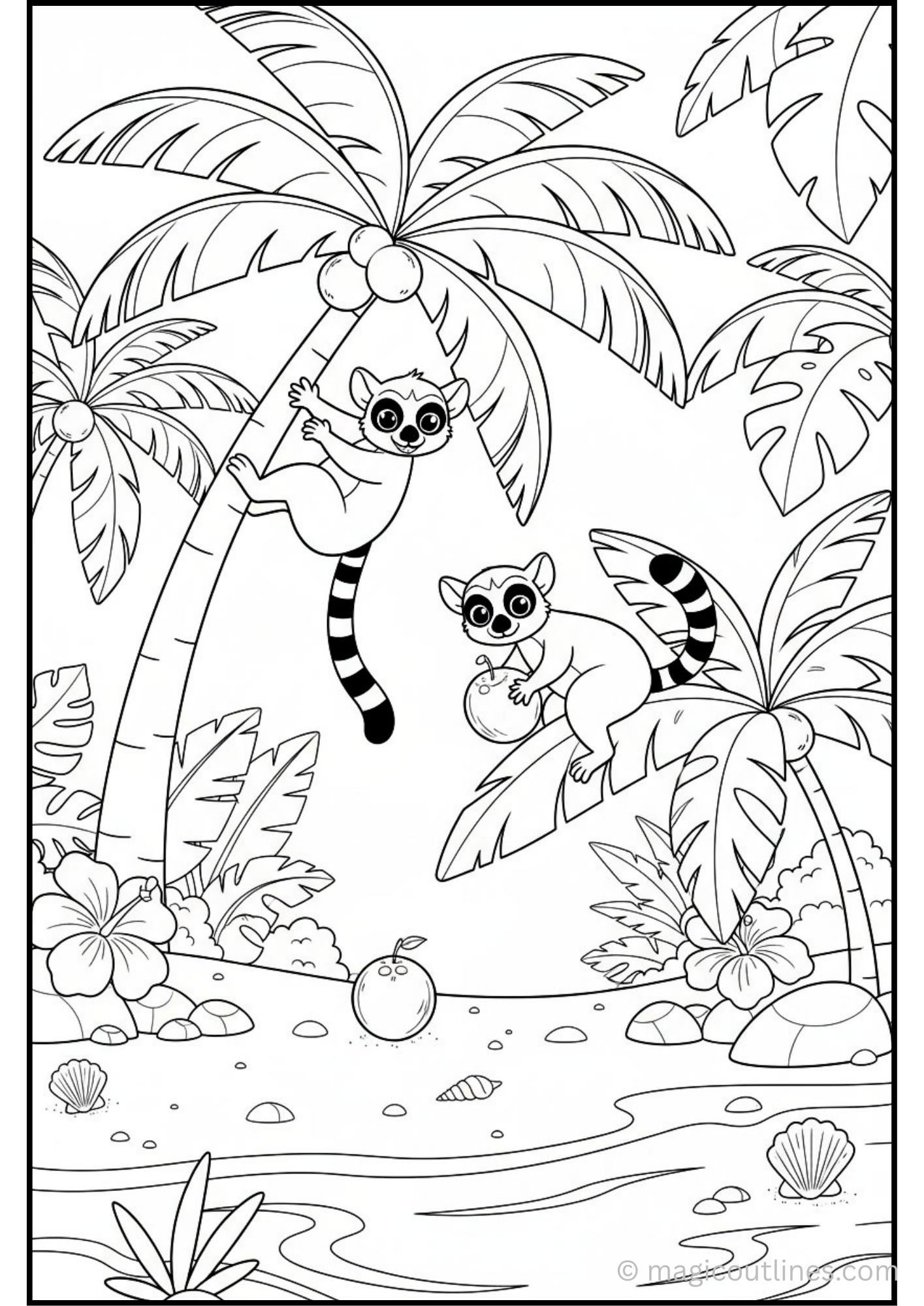 Have fun coloring our Playful Lemurs on Tropical Island Coloring Page! This free printable PDF features cute ring-tailed lemurs climbing palm trees, holding coconuts, and enjoying a beautiful tropical island. A perfect coloring activity for kids, parents, and teachers.