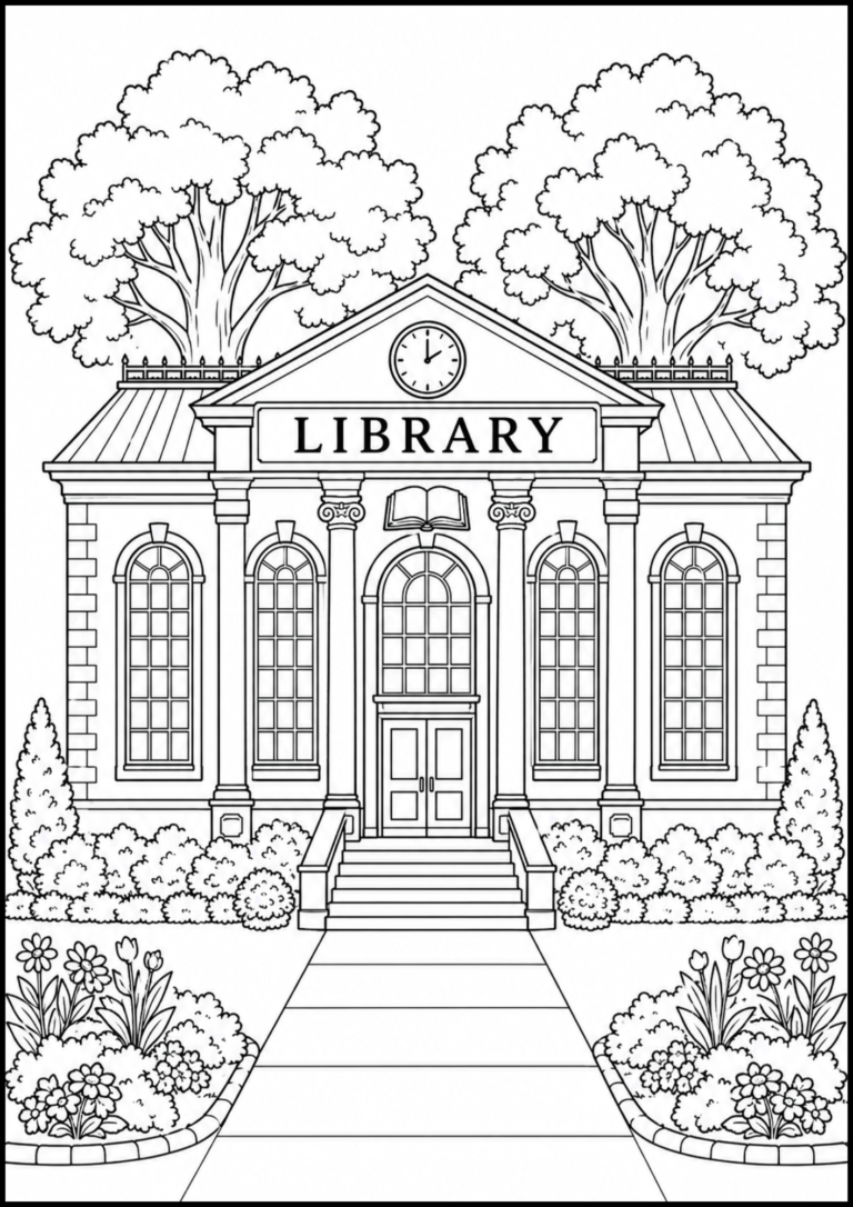 Printable public library building coloring page featuring a beautiful library, large trees, flower gardens, and a welcoming entrance.
