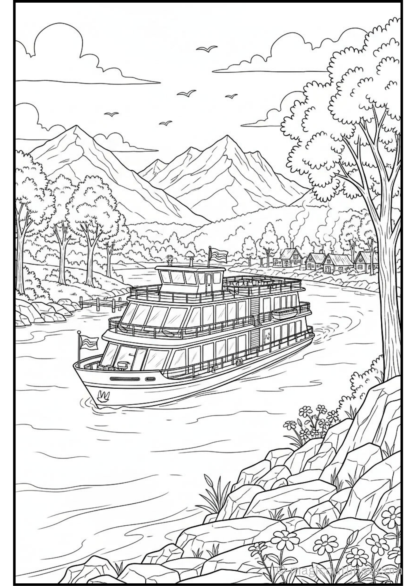 Download a free River Cruise Scene Coloring Page printable PDF featuring a river cruise boat, mountains, riverside village, trees, flowers, and scenic nature. Perfect for kids and travel lovers.