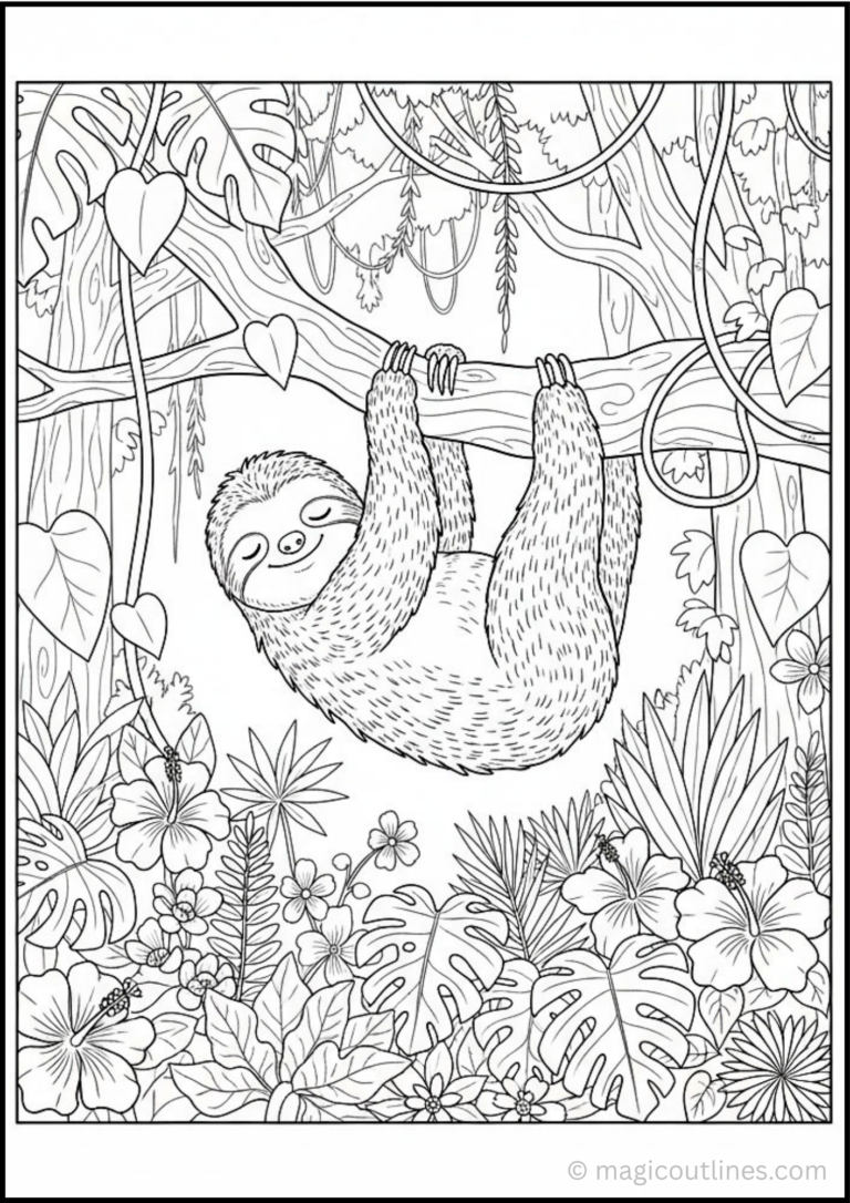 A peaceful sloth relaxing on a tree branch in a tropical rainforest.