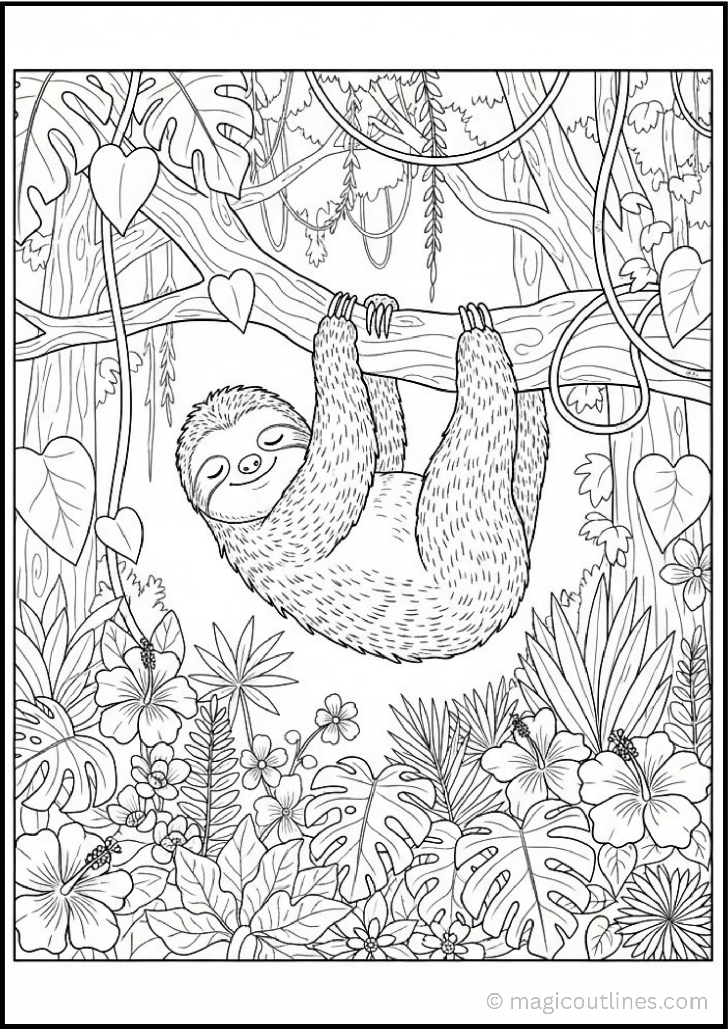 A peaceful sloth relaxing on a tree branch in a tropical rainforest.