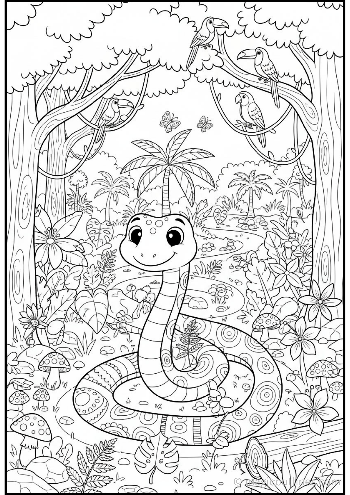 Snake Jungle Trail Coloring Page free printable PDF featuring a friendly snake surrounded by tropical trees, jungle flowers, birds, butterflies, and rainforest plants.