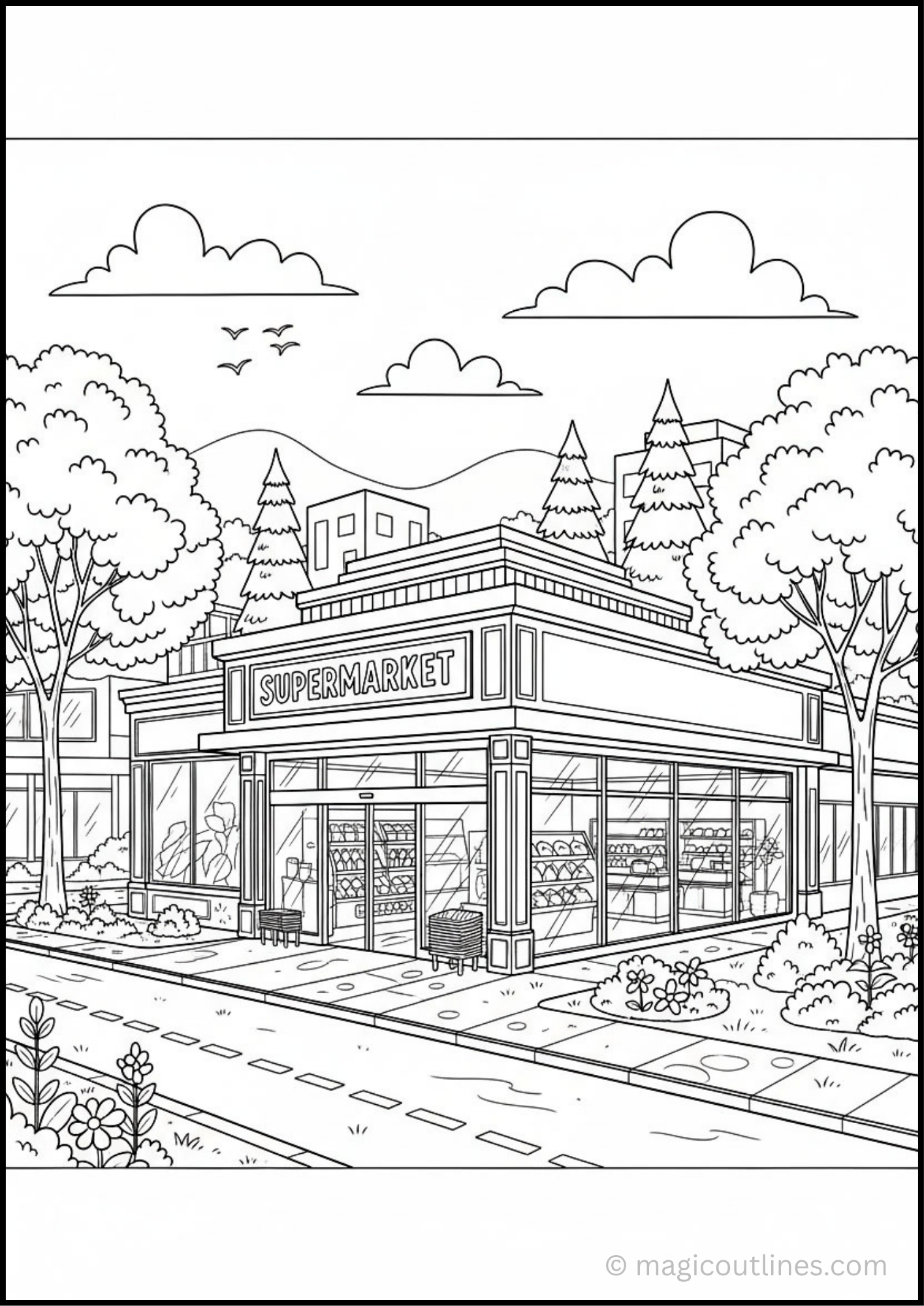 Supermarket coloring page featuring a modern grocery store with large glass windows, landscaped gardens, trees, sidewalks, and a road in a printable black-and-white design.