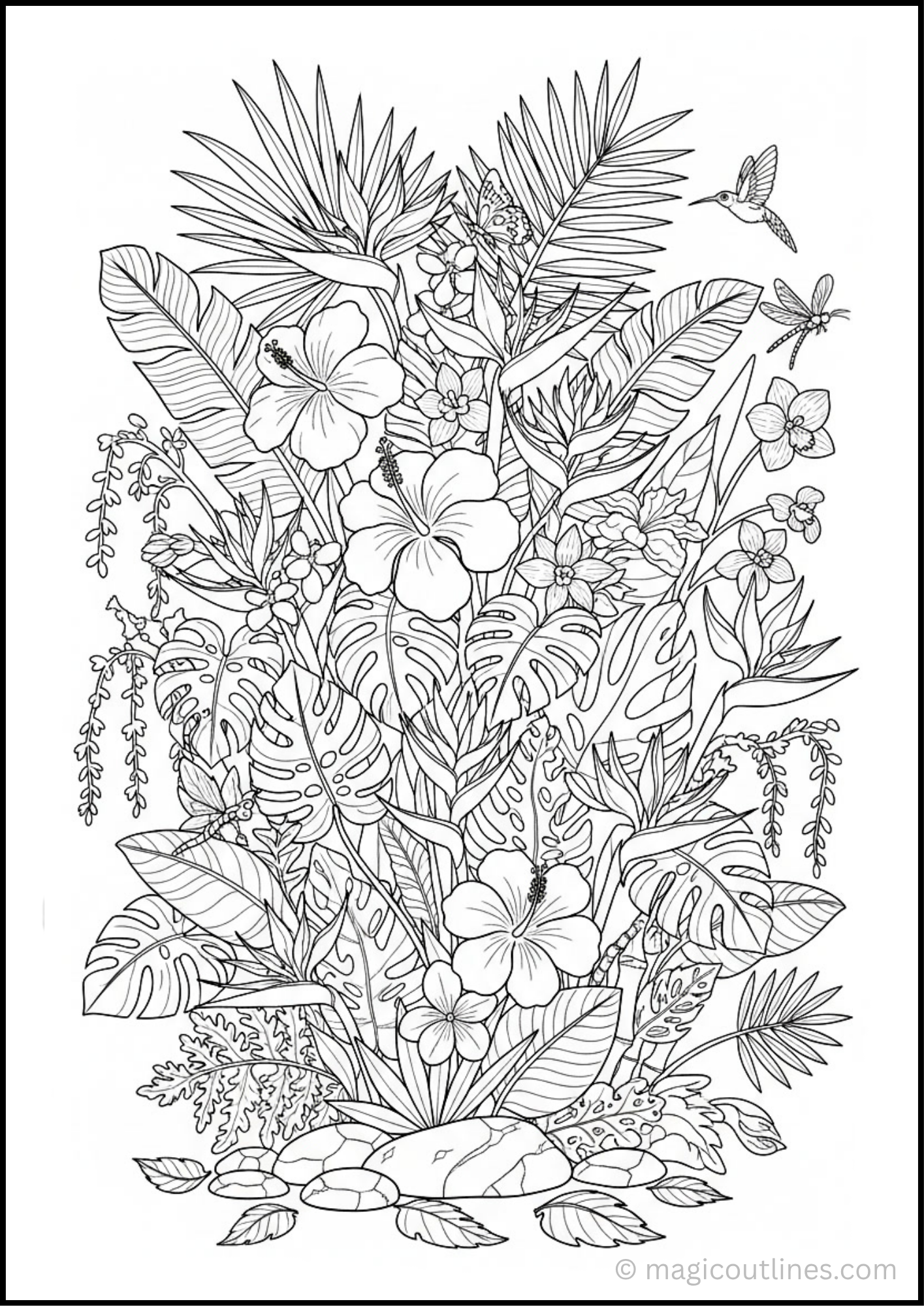 Free printable Tropical Jungle Flowers Coloring Page featuring exotic flowers, tropical leaves, butterflies, hummingbirds, and lush rainforest plants.