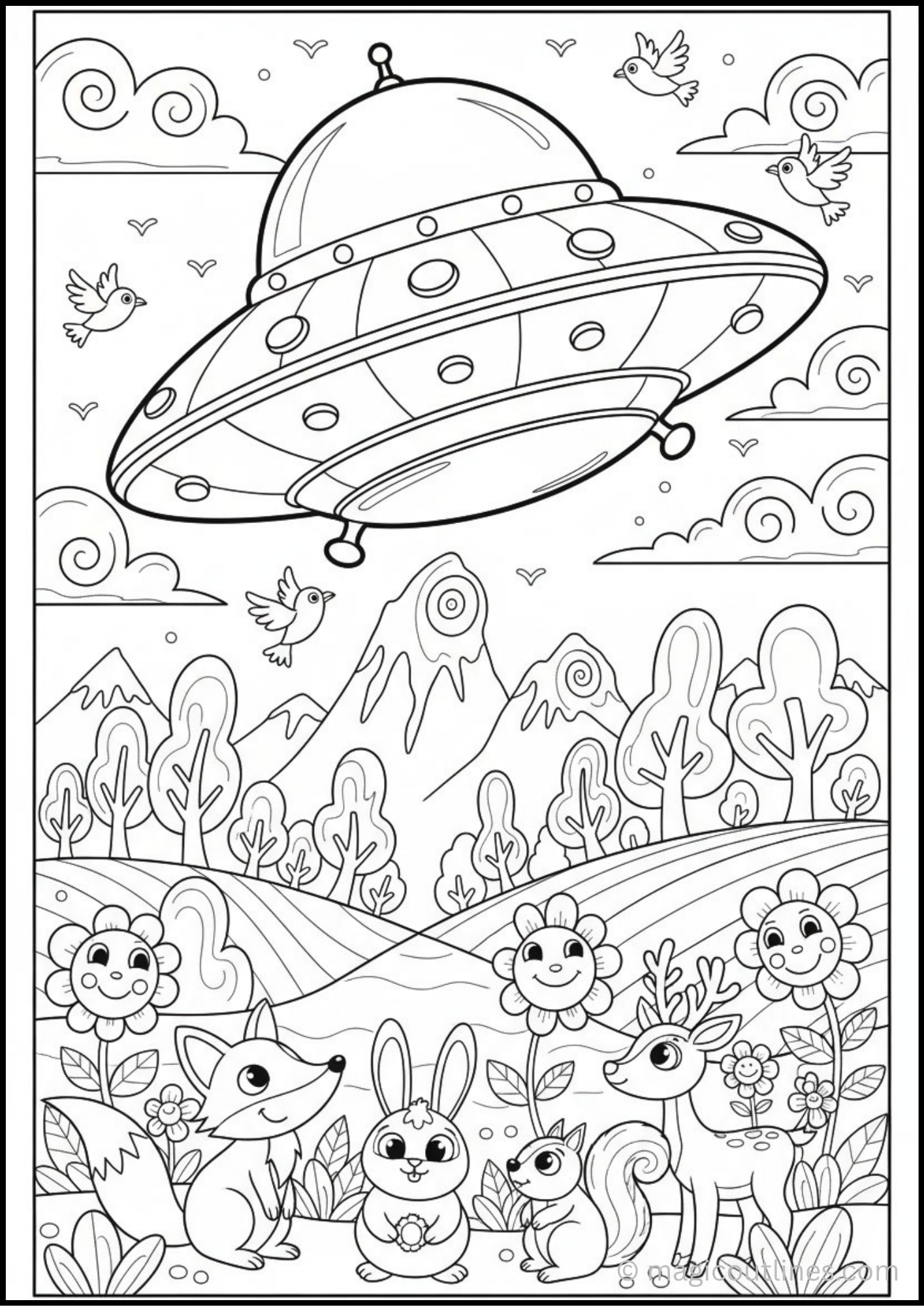 Cute UFO coloring page featuring a flying saucer above mountains, smiling forest animals, flowers, birds, trees, and clouds.