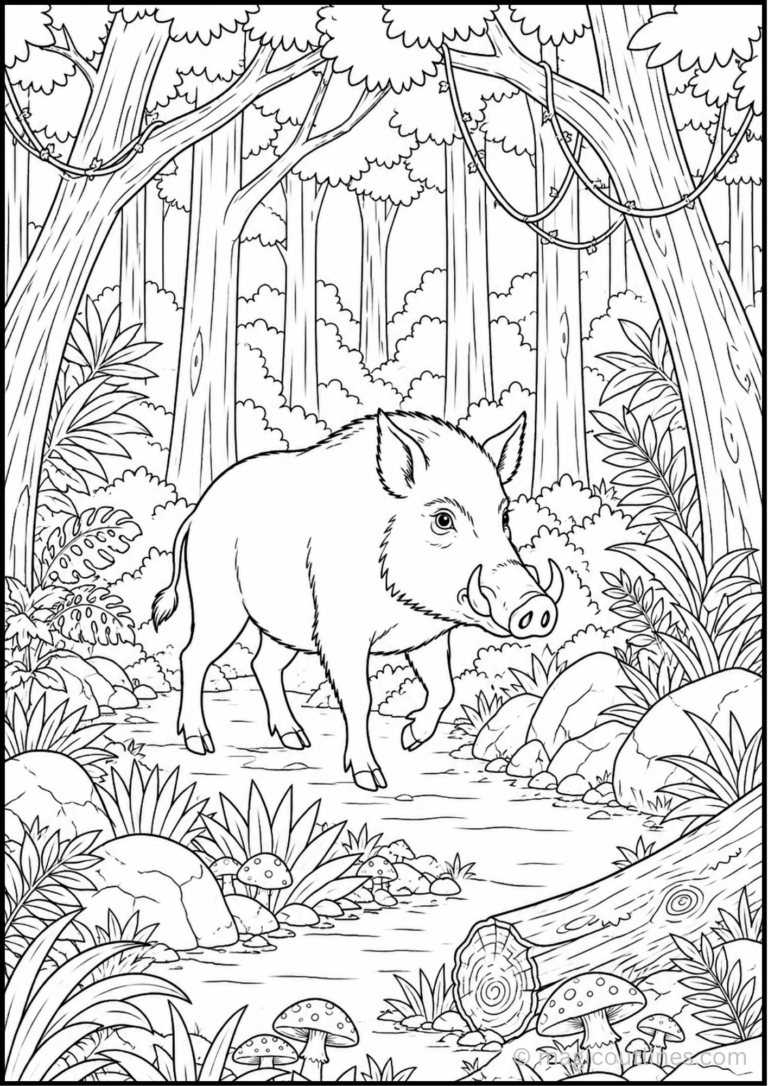 Download this Wild Boar Forest Adventure Coloring Page free printable PDF. Kids can color a realistic wild boar exploring a peaceful forest with trees, rocks, flowers, and a woodland stream. Perfect for home, classrooms, and nature-themed activities.