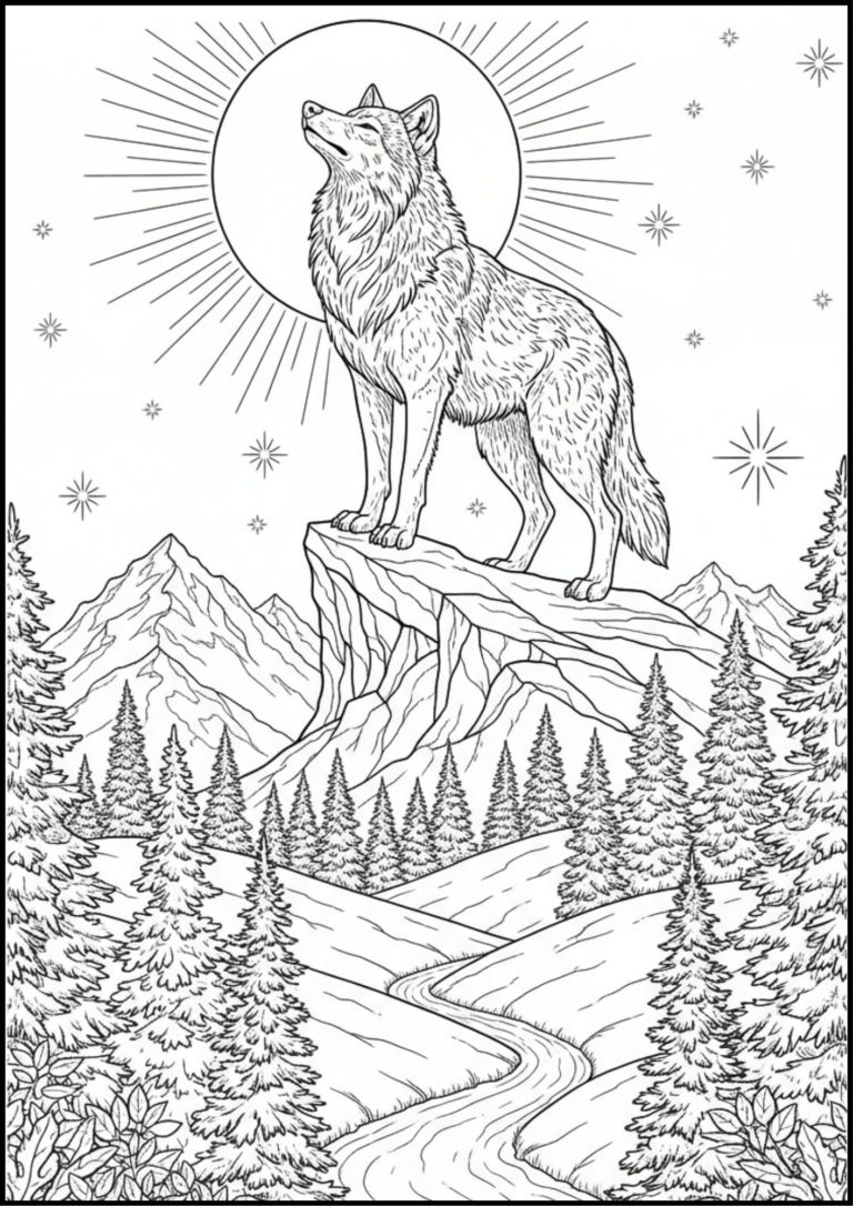 Download this free printable Wolf Moonlight Scene Coloring Page featuring a majestic wolf standing on a rocky cliff under a bright full moon. The detailed mountain landscape, pine forest, winding river, and star-filled sky make this printable perfect for kids, teens, and adults who love wildlife and nature coloring pages.