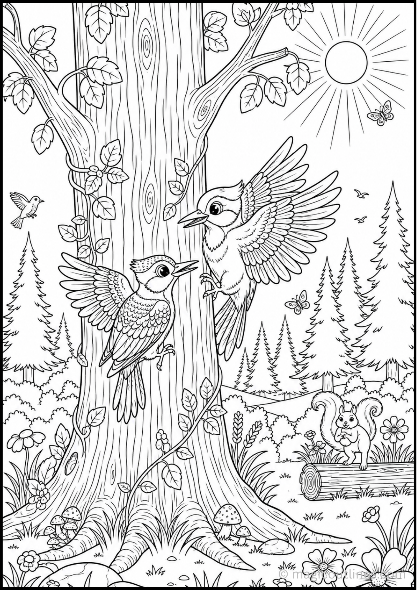 Woodpeckers Coloring Page with two birds on a tree in a forest for kids