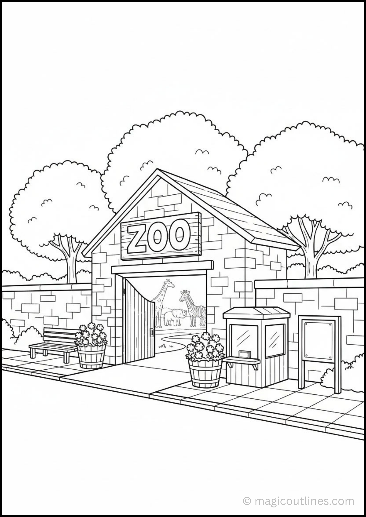 Zoo Building Coloring Page with zoo entrance, ticket booth, trees, flowers, and animals for kids