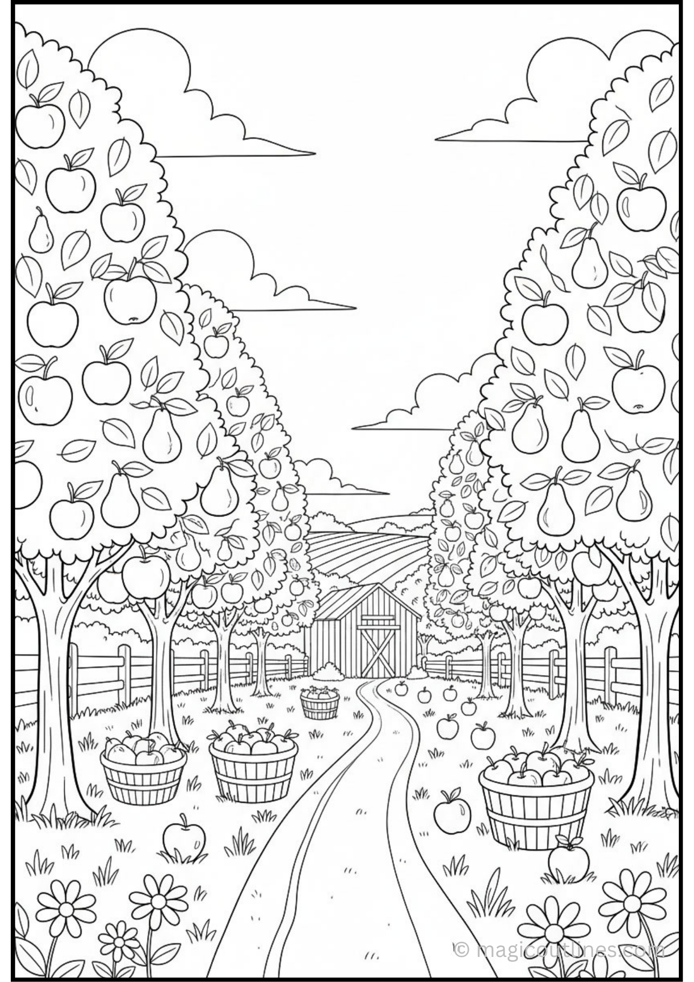 Apple Orchard Coloring Page featuring apple trees, baskets of apples, a farm barn, flowers, and a countryside path.
