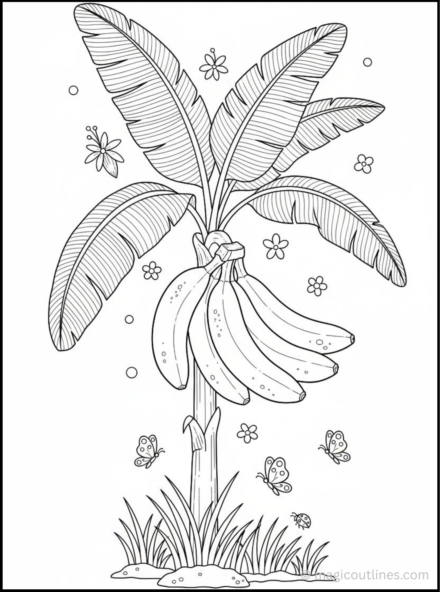 Banana coloring page featuring a banana tree with ripe bananas, tropical leaves, butterflies, flowers, and grass.