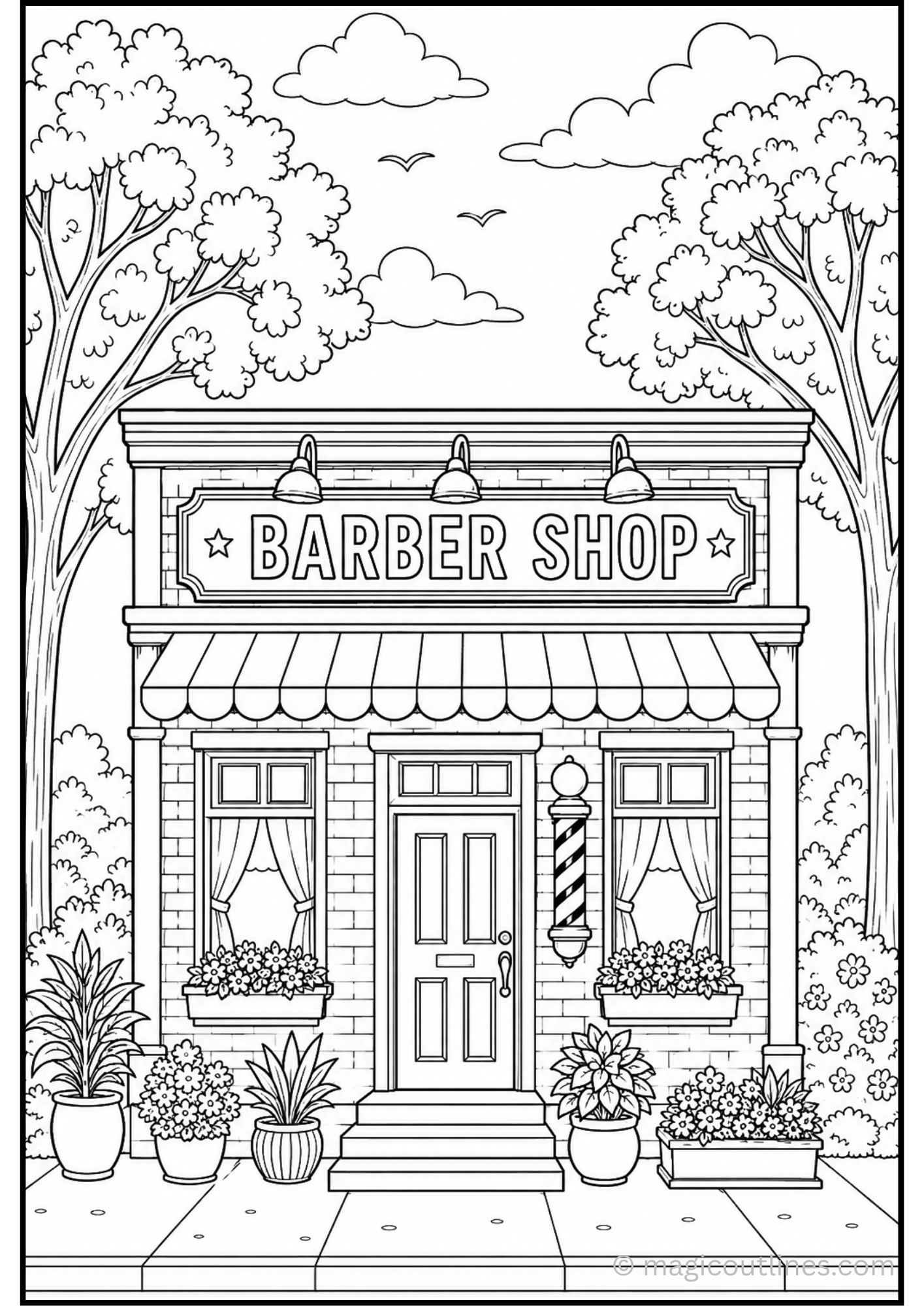Barber shop coloring page with trees, clouds, barber pole, storefront, flowers, and sidewalk